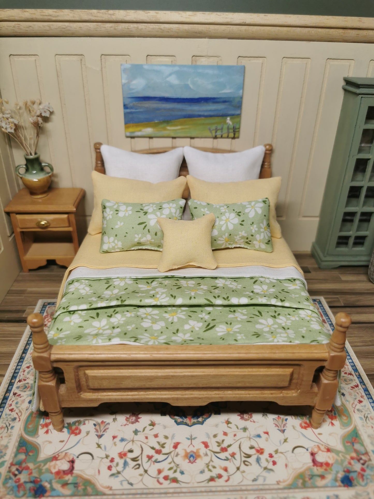 Lemon, White & Green Floral Print Bed Linen | 1:12th Scale | Set of 9 | Handmade