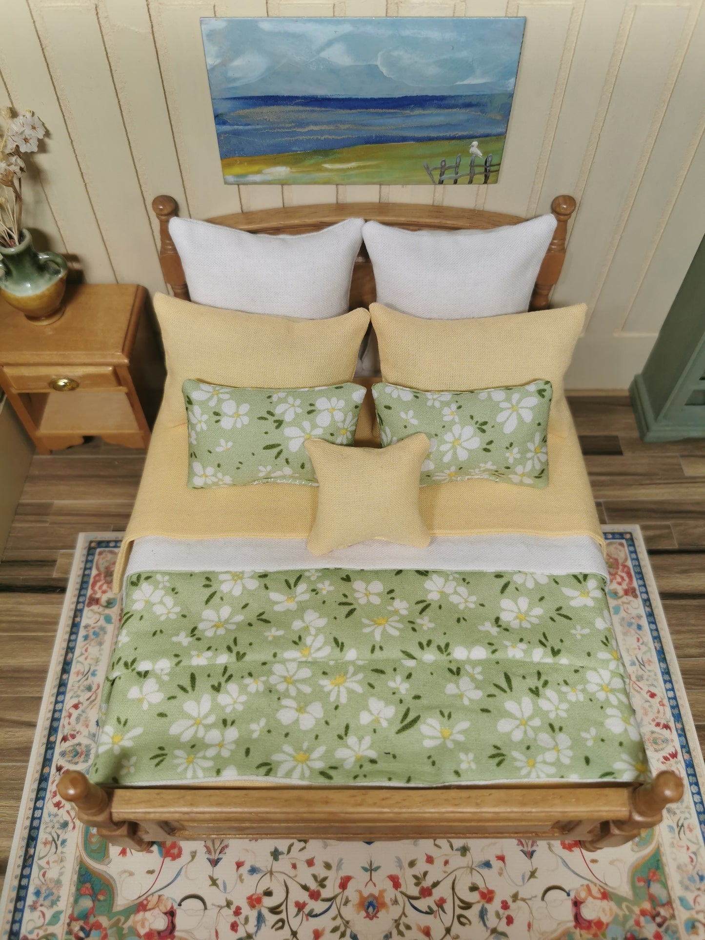 Lemon, White & Green Floral Print Bed Linen | 1:12th Scale | Set of 9 | Handmade