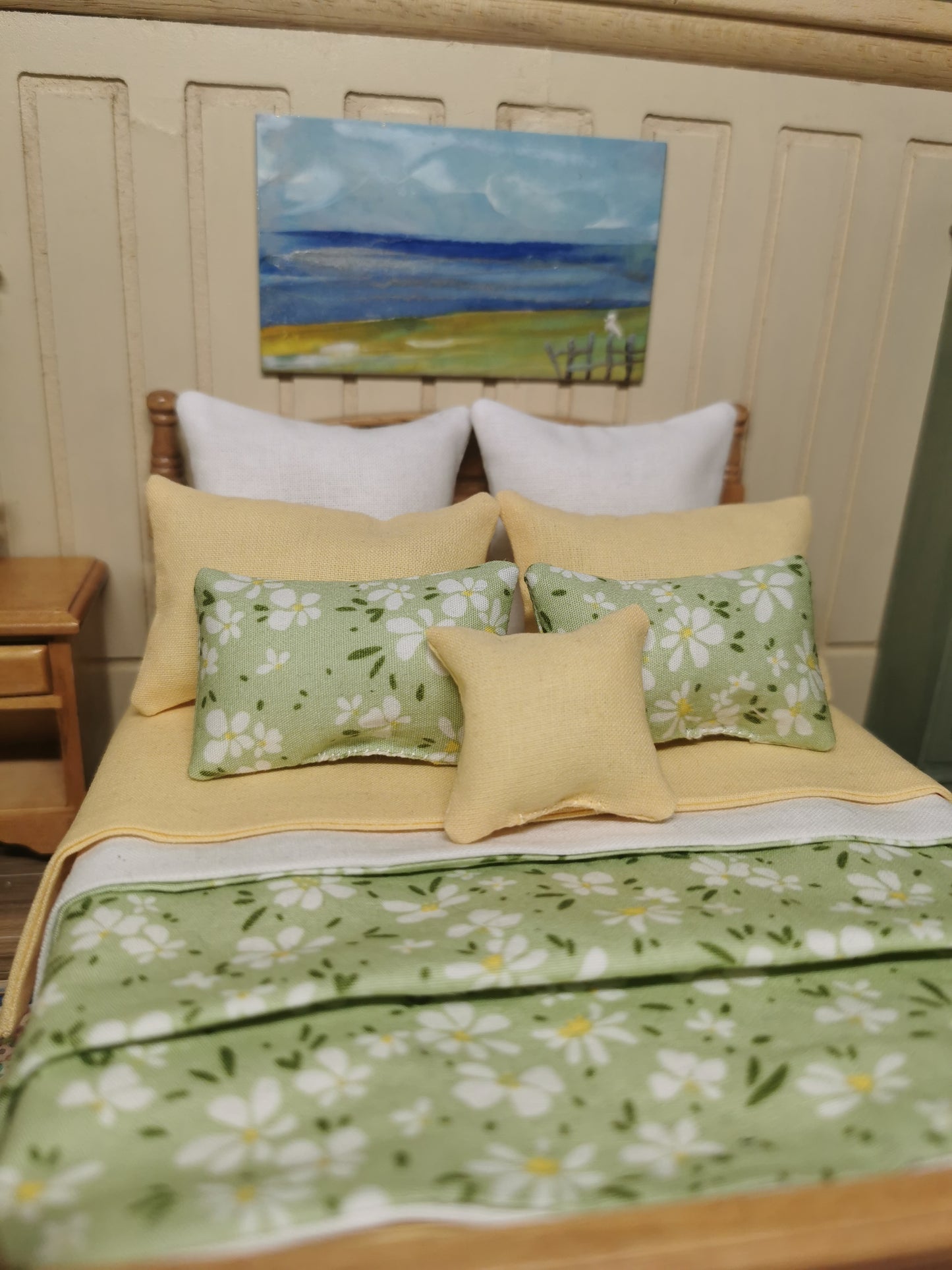 Lemon, White & Green Floral Print Bed Linen | 1:12th Scale | Set of 9 | Handmade