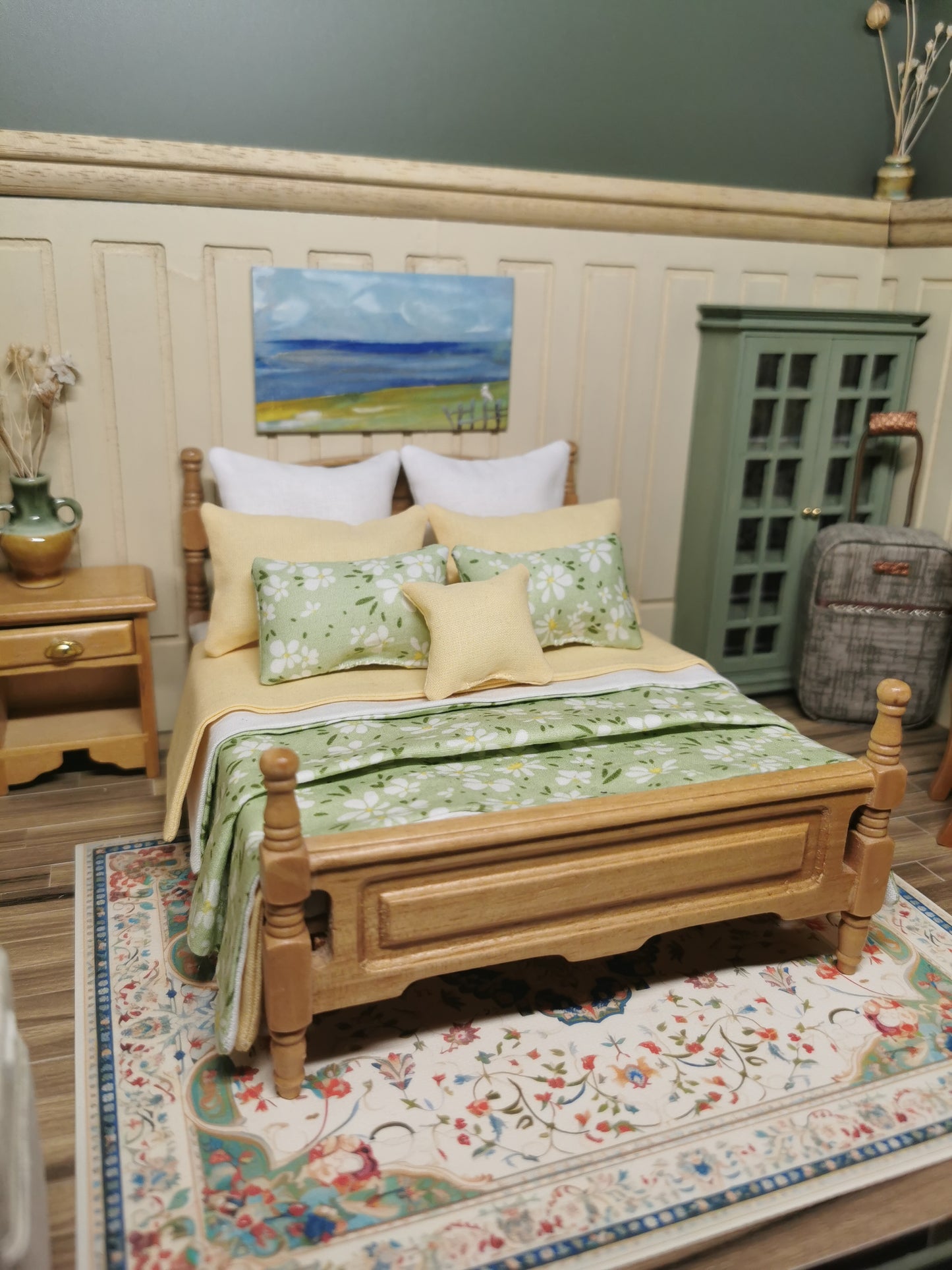 Lemon, White & Green Floral Print Bed Linen | 1:12th Scale | Set of 9 | Handmade