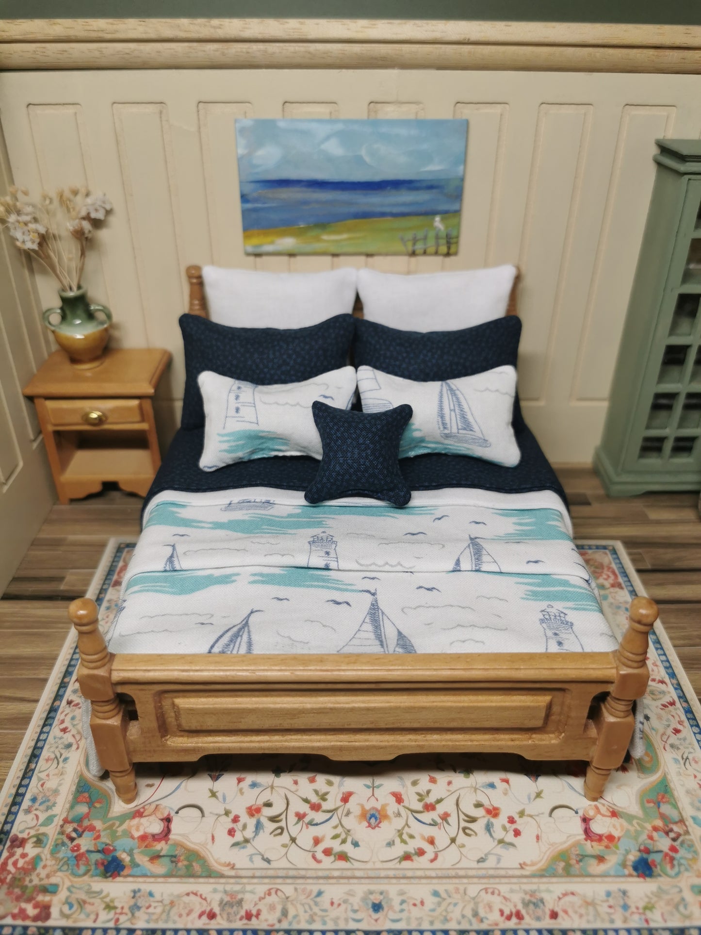 Navy & White Sailing Boat Print Bed Linen | 1:12th Scale | Set of 9 | Handmade