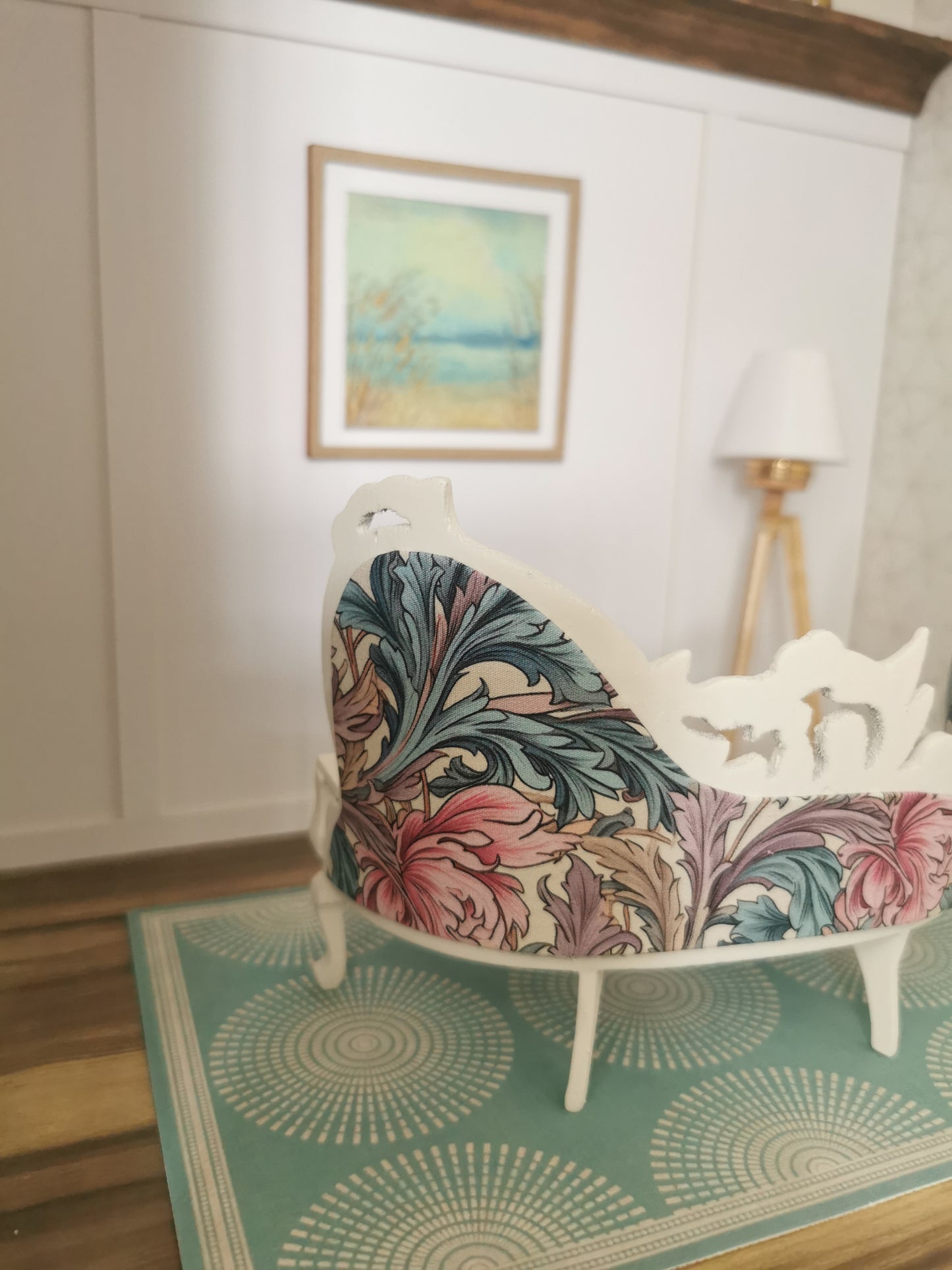 Ornate Sofa in Cream, Purple, Pink & Teal Swirl Print | 1:12th Scale
