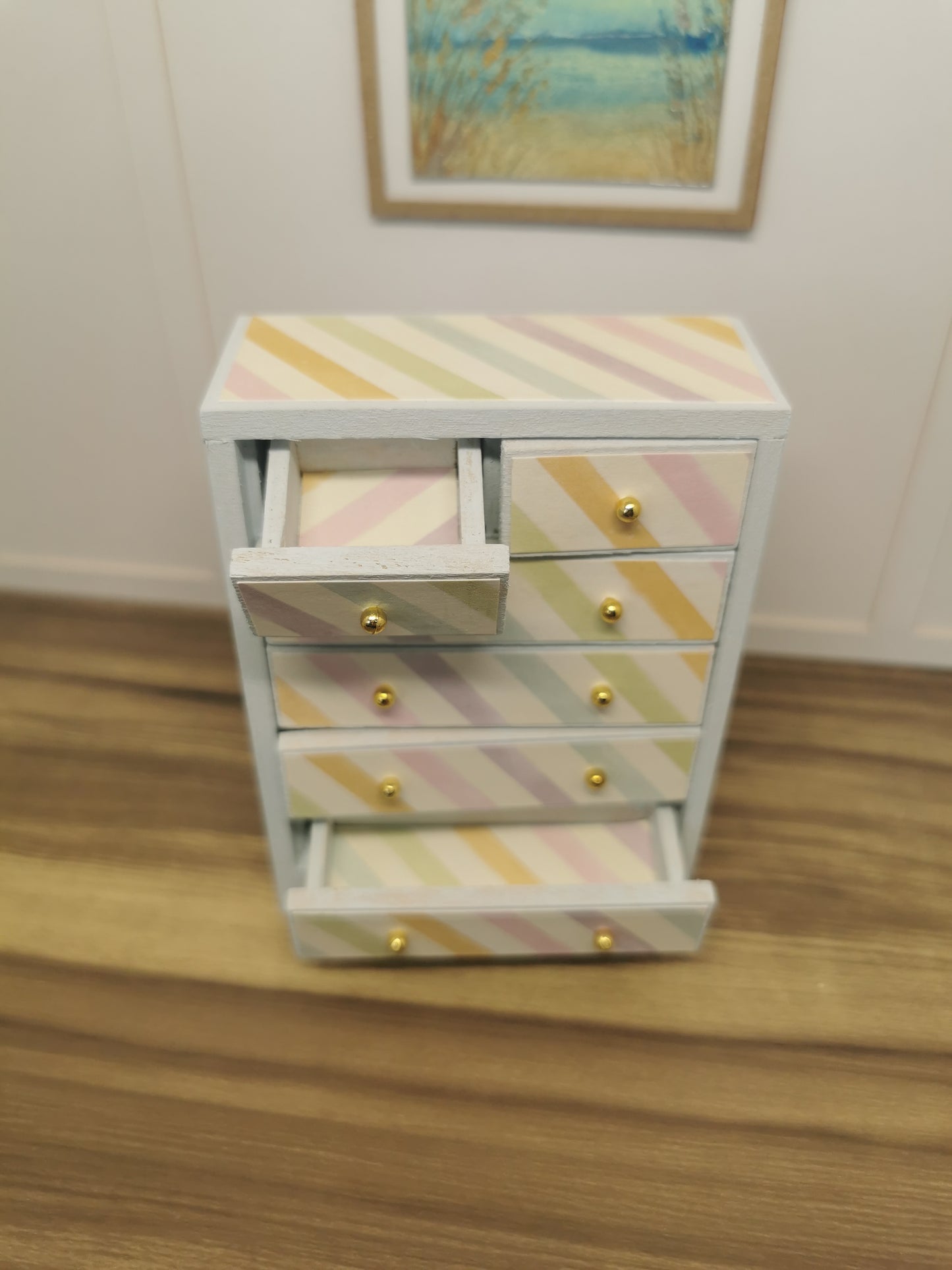 Chest Drawer in Light Blue Stripe Print | 1:12th Scale | Hand Finished