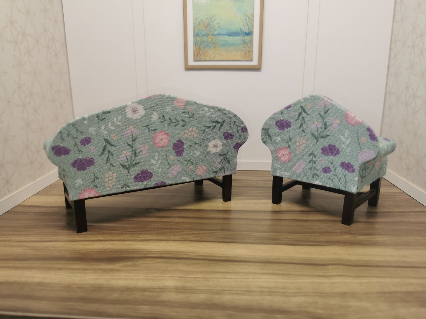 Sofa & Chair in Mint Floral Print | 1:12th Scale | Hand Finished