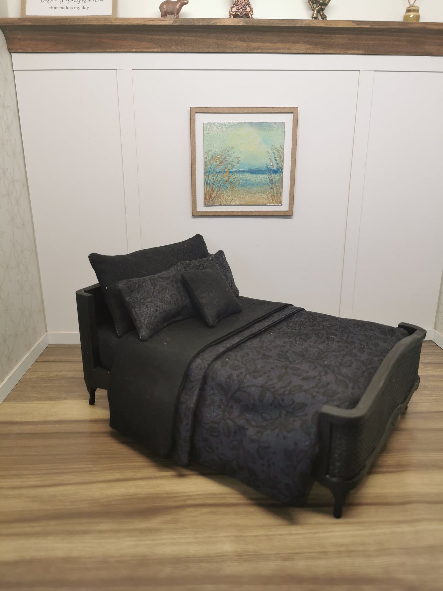 Black on Black Dressed Double Bed | 1:12th Scale | Hand Finished