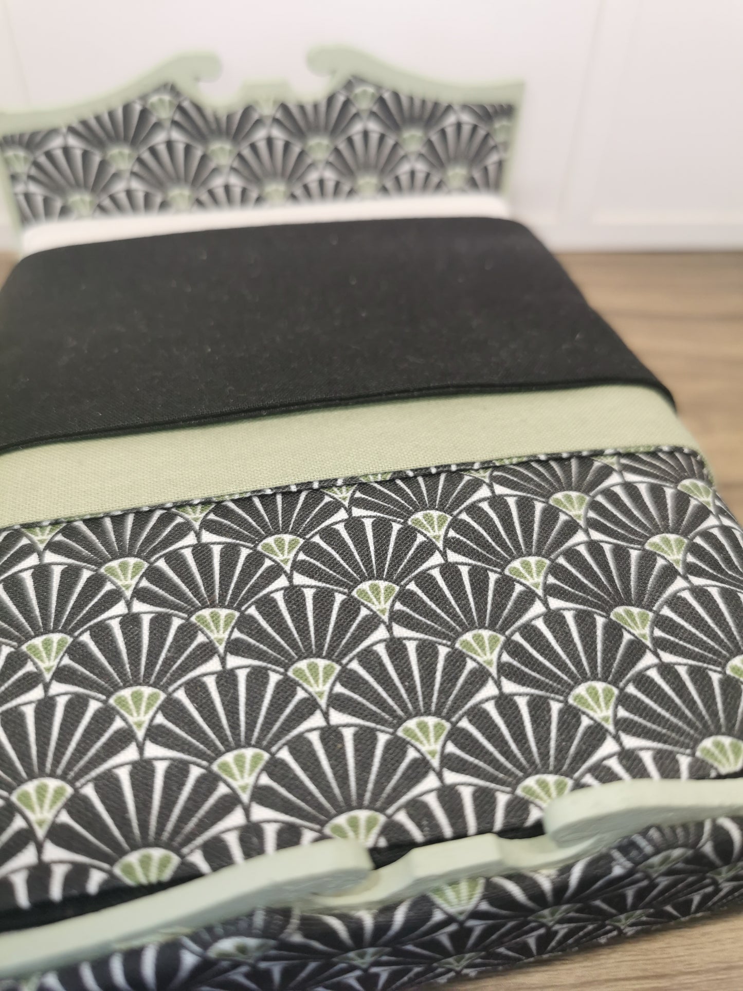 Black & Green Fan Dressed Double Bed | 1:12th Scale | Hand Finished