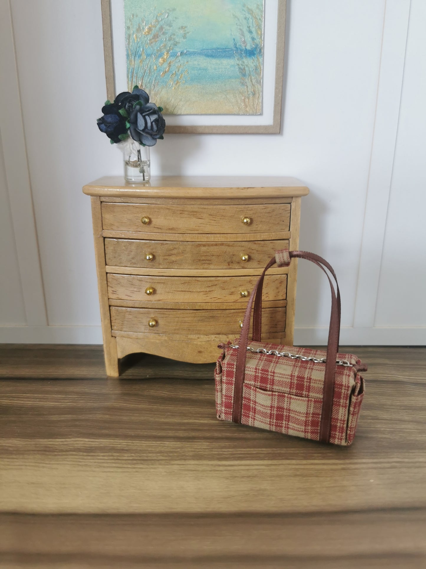 Taupe & Burgundy Check Fabric Overnight Bag | 1:12th Scale | Handmade