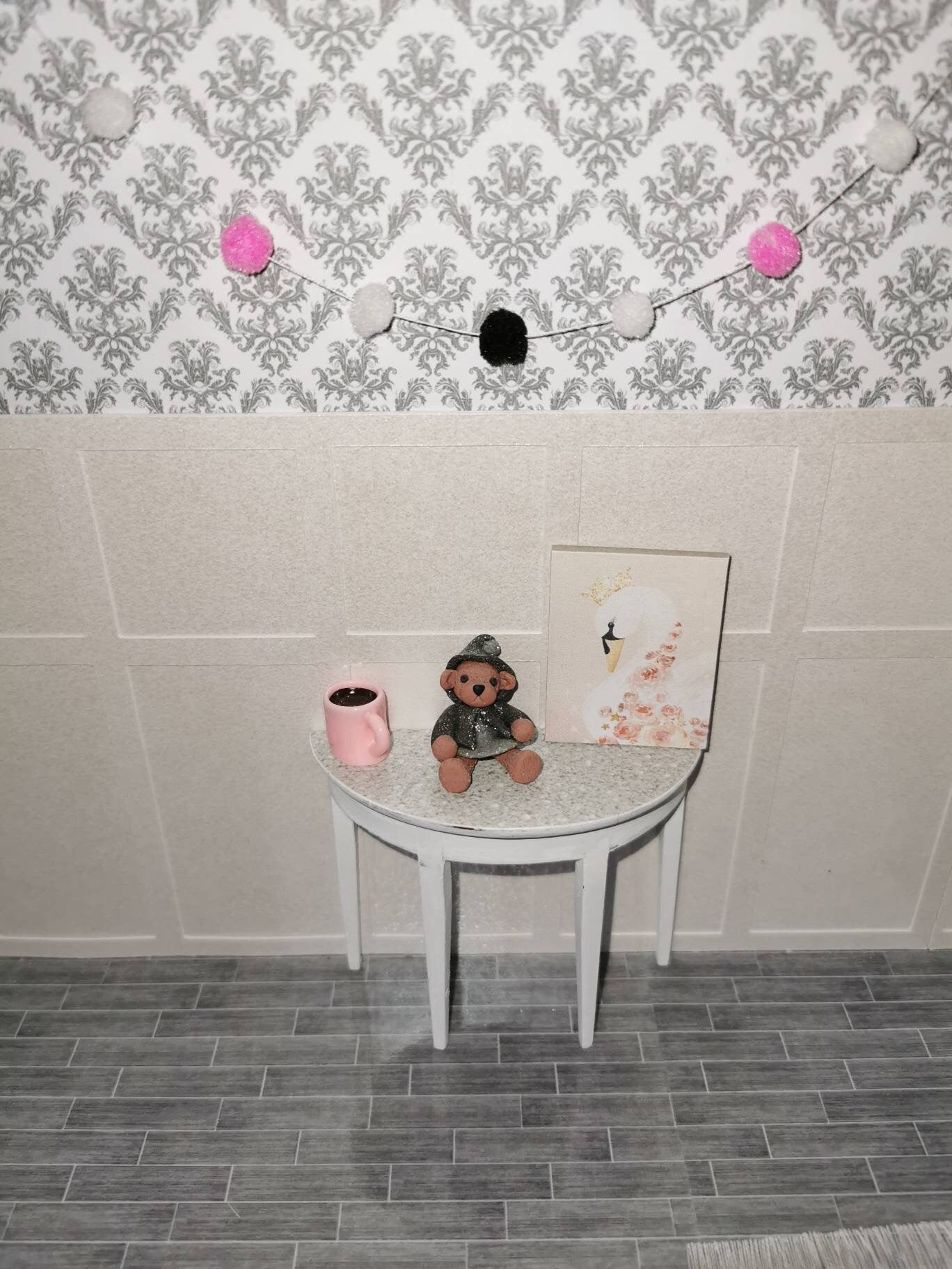 Pink/White/Black Pom Pom Garland | 1:12th Scale | Handmade - ZJ Miniatures