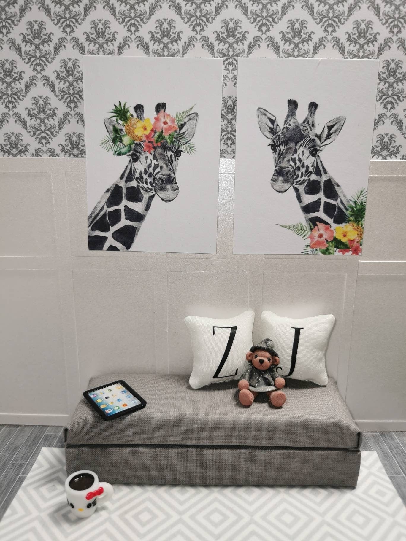 Giraffe Wall Art Prints | Set of 2 | 1:12th Scale | Handmade - ZJ Miniatures