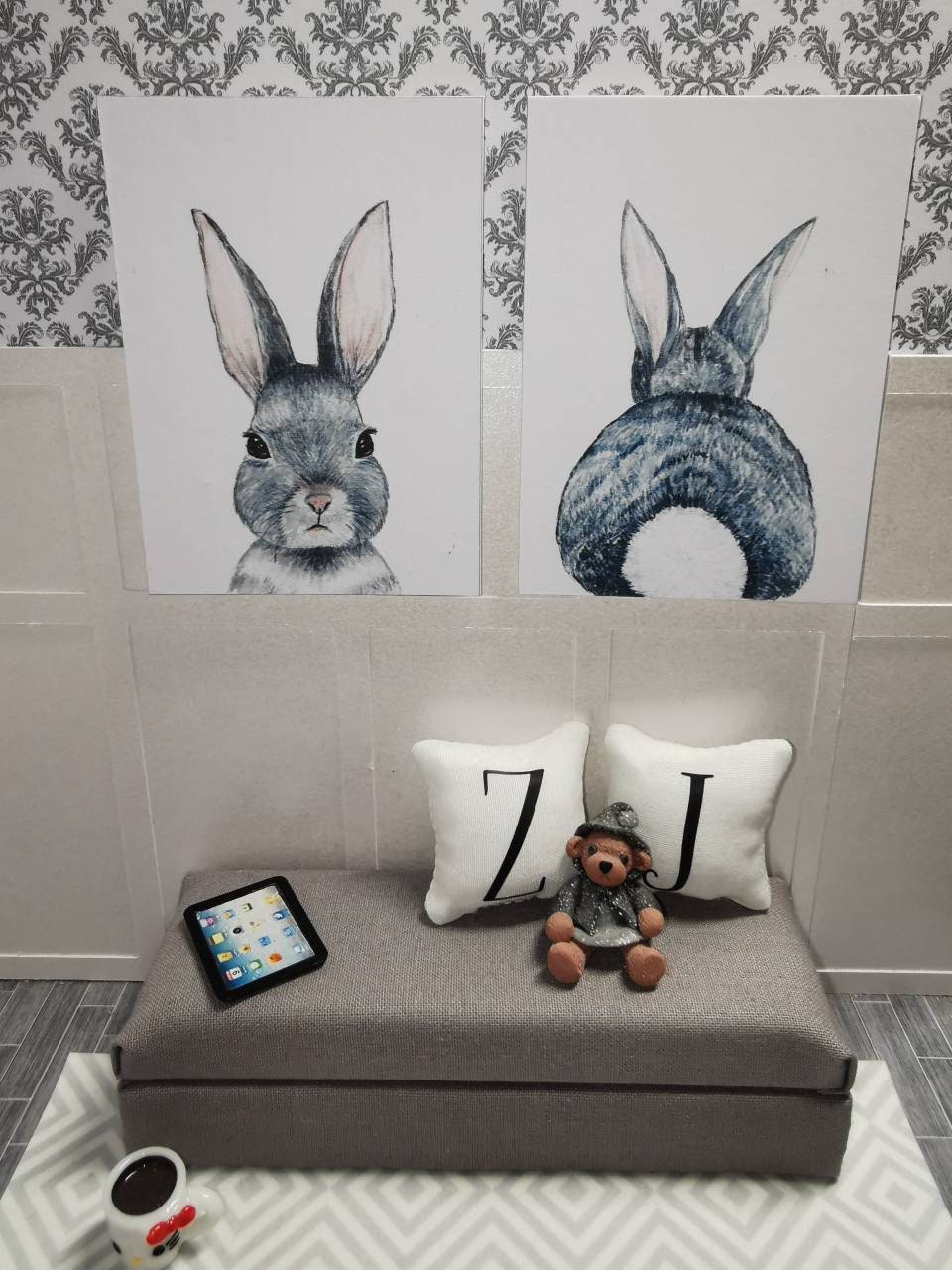 Bunny Wall Art Prints | Set of 2 | 1:12th Scale | Handmade - ZJ Miniatures