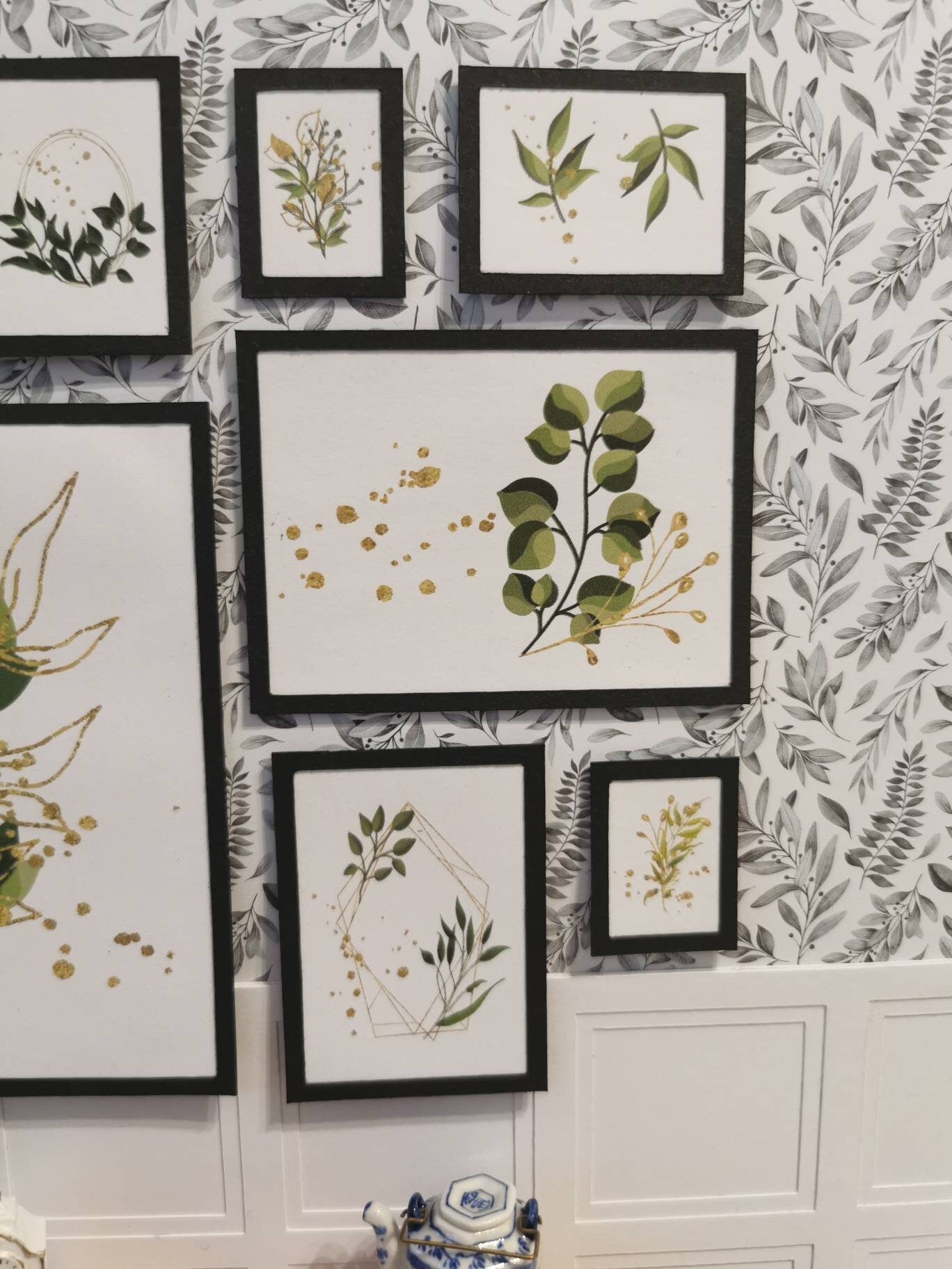 Gold Leaf Wall Art Pictures | Set of 8 | 1:12th Scale | Handmade - ZJ Miniatures