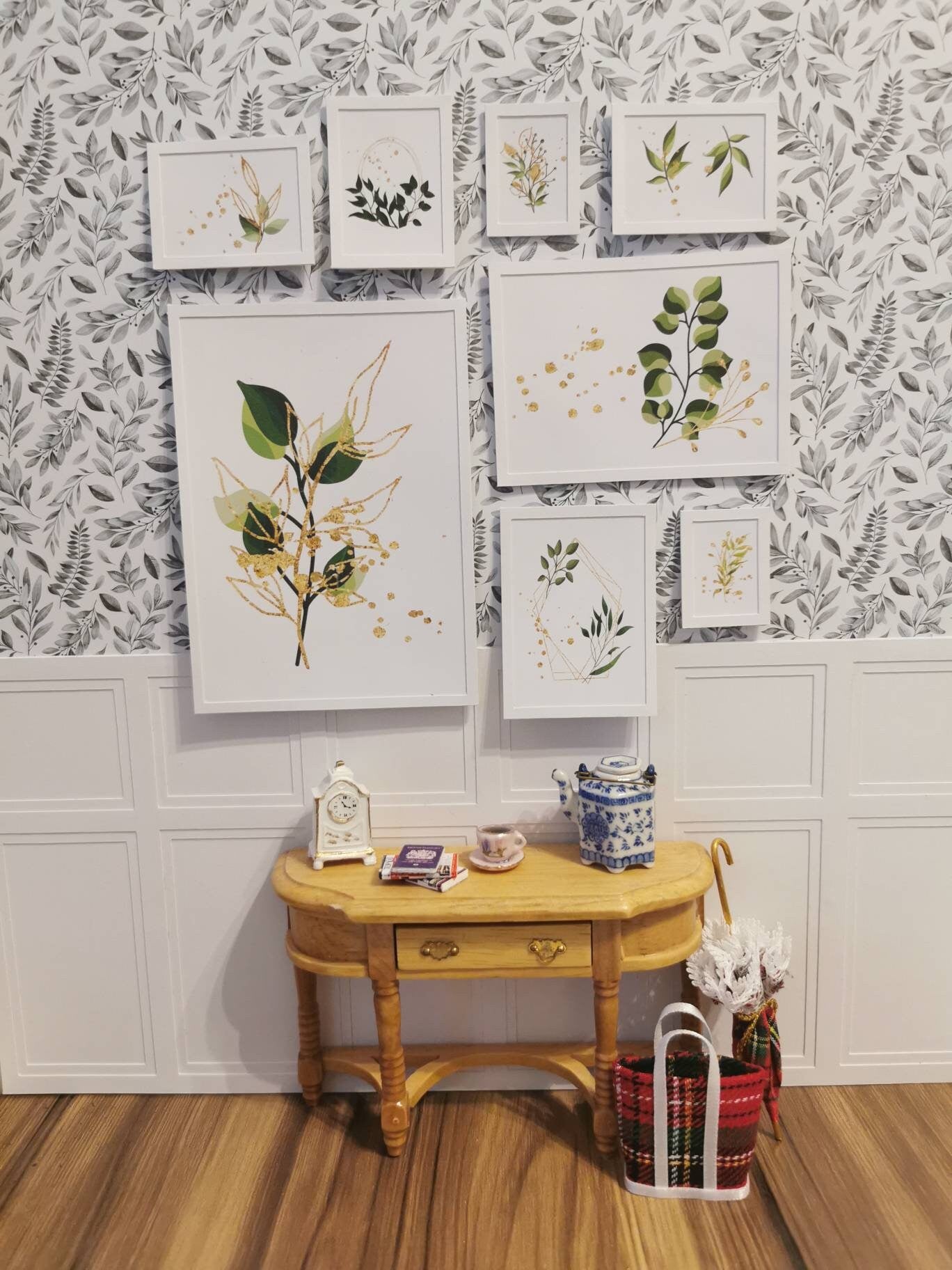 Gold Leaf Wall Art Pictures | Set of 8 | 1:12th Scale | Handmade - ZJ Miniatures