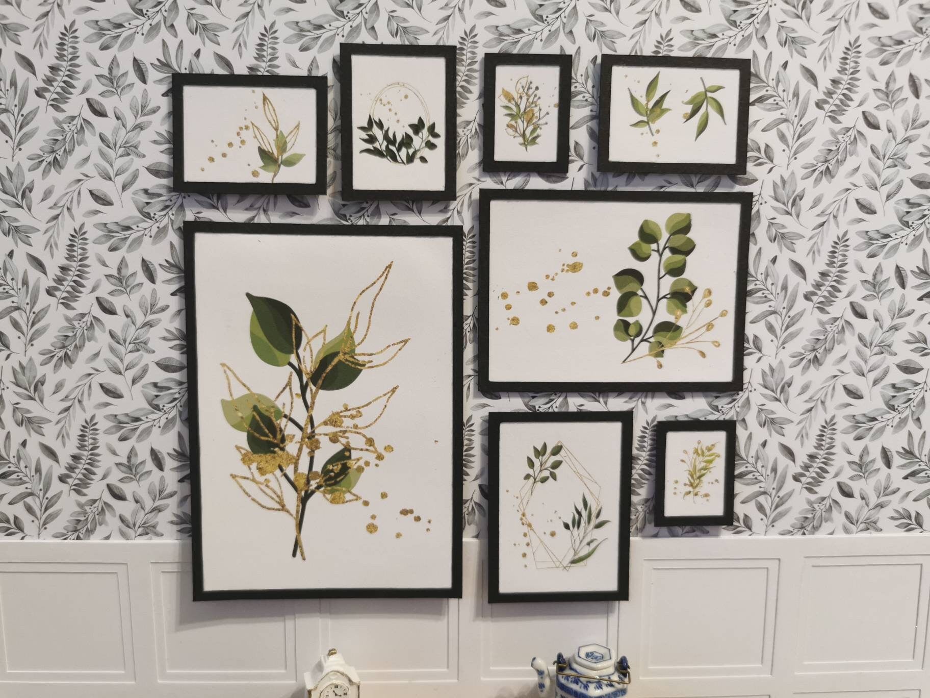 Gold Leaf Wall Art Pictures | Set of 8 | 1:12th Scale | Handmade - ZJ Miniatures