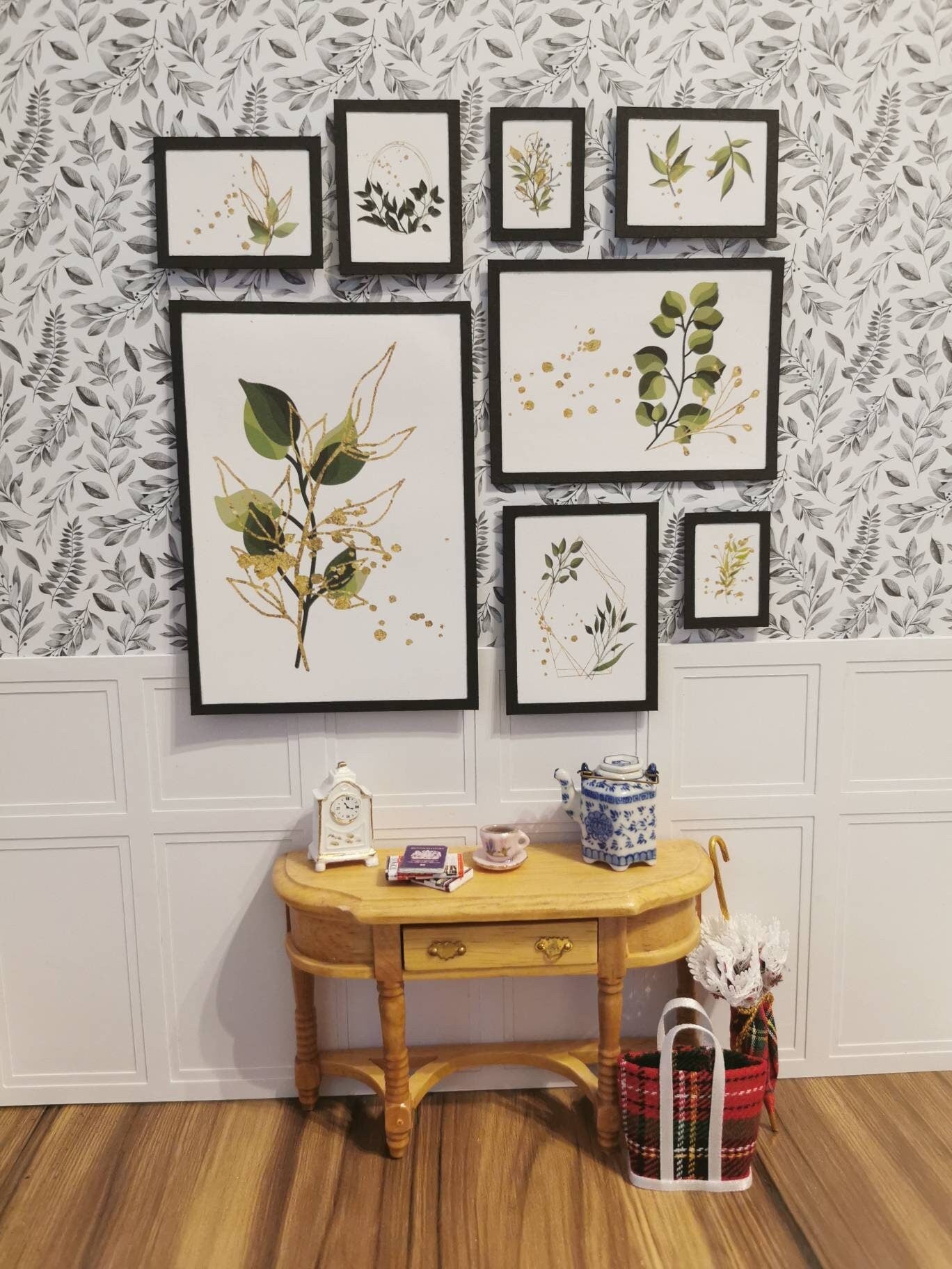 Gold Leaf Wall Art Pictures | Set of 8 | 1:12th Scale | Handmade - ZJ Miniatures