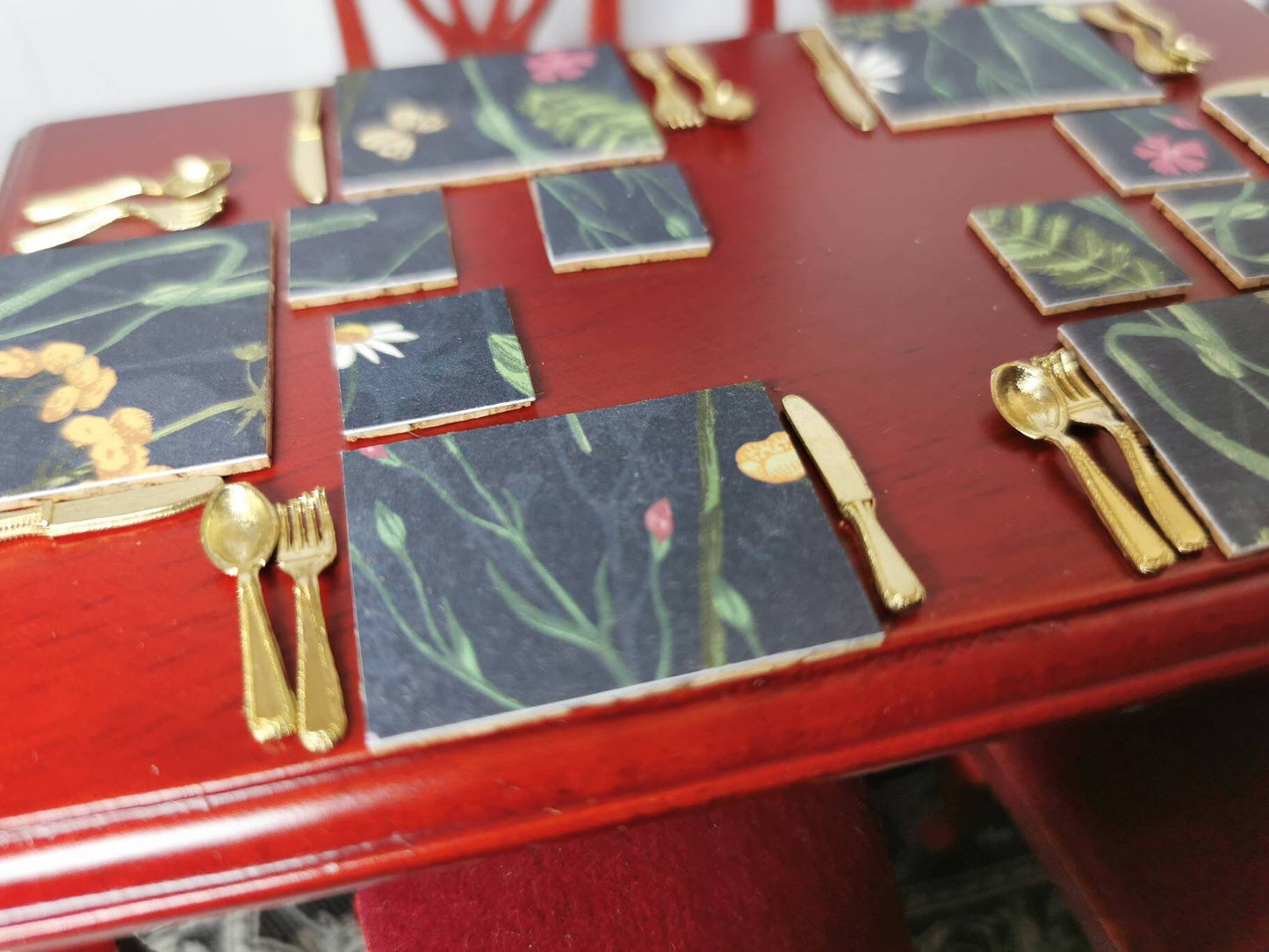 Black Floral Placemat & Coasters | Set of 4 or 6 | 1:12th Scale | Handmade - ZJ Miniatures