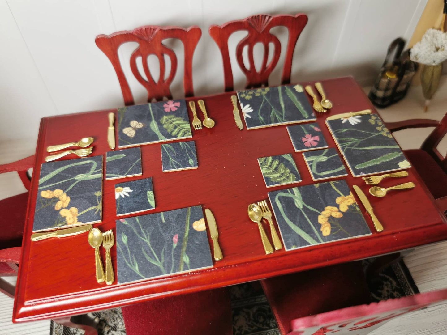 Black Floral Placemat & Coasters | Set of 4 or 6 | 1:12th Scale | Handmade - ZJ Miniatures