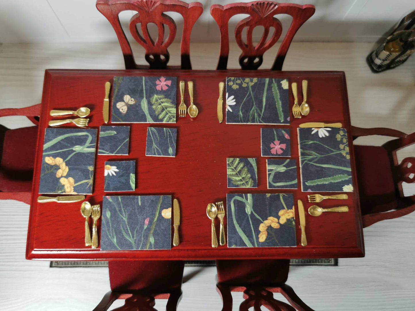 Black Floral Placemat & Coasters | Set of 4 or 6 | 1:12th Scale | Handmade - ZJ Miniatures
