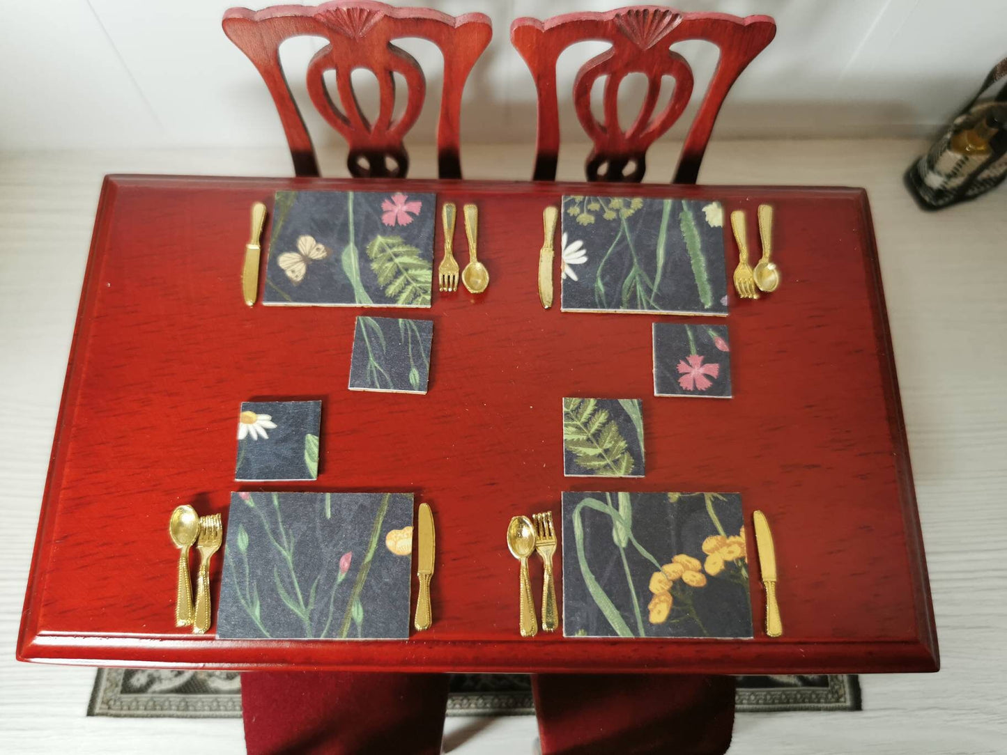 Black Floral Placemat & Coasters | Set of 4 or 6 | 1:12th Scale | Handmade - ZJ Miniatures