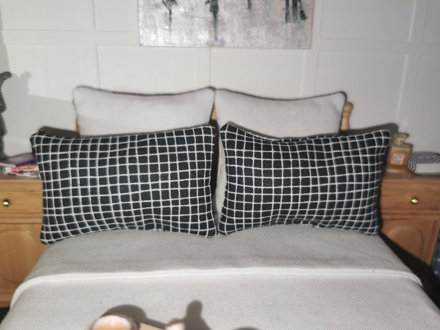 Black & White Check Print Pillows | Set of 2 | 1:12th Scale | Handmade - ZJ Miniatures