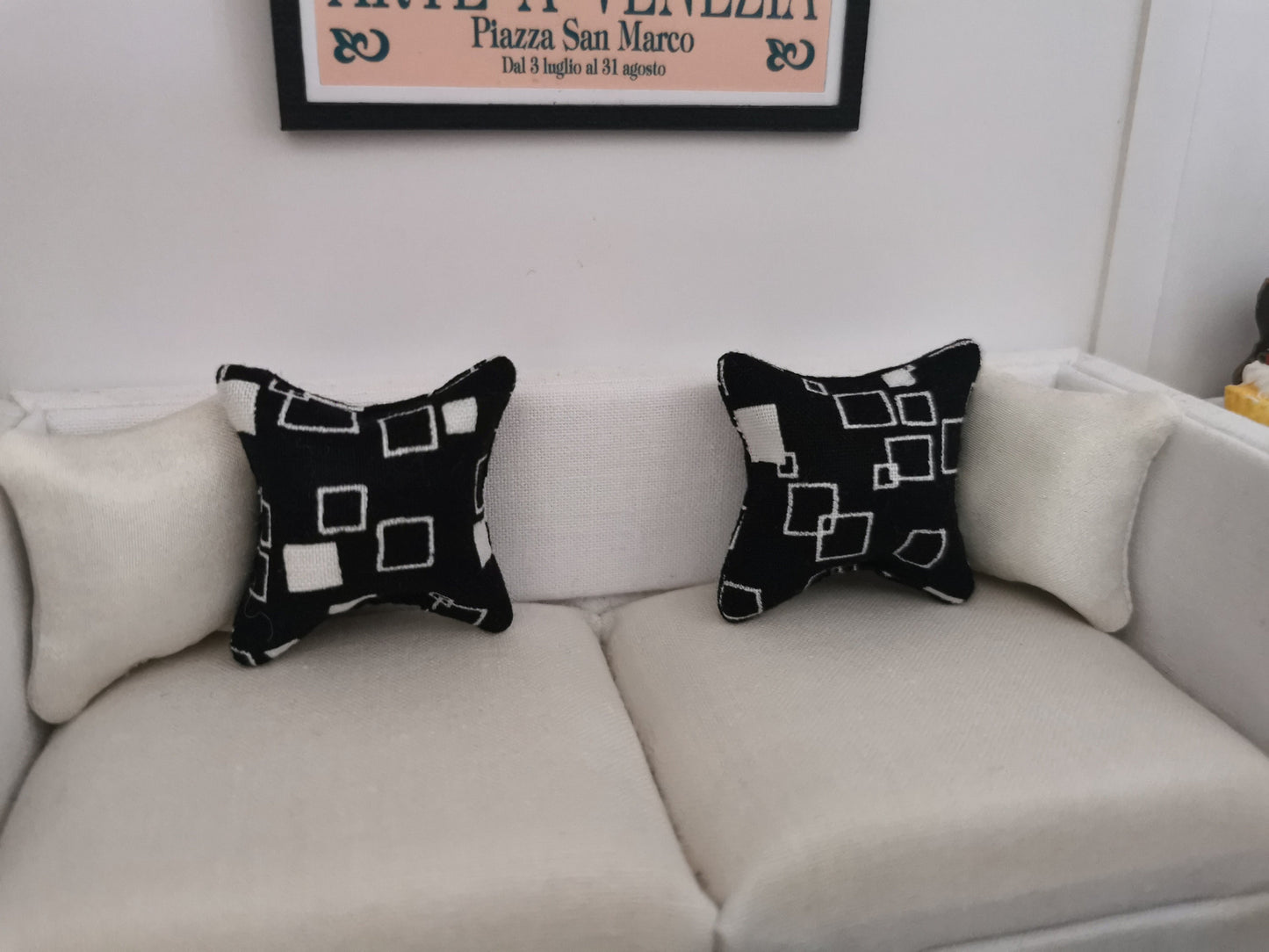 Black/White Square Print Cushion | 1:12th Scale | Handmade - ZJ Miniatures
