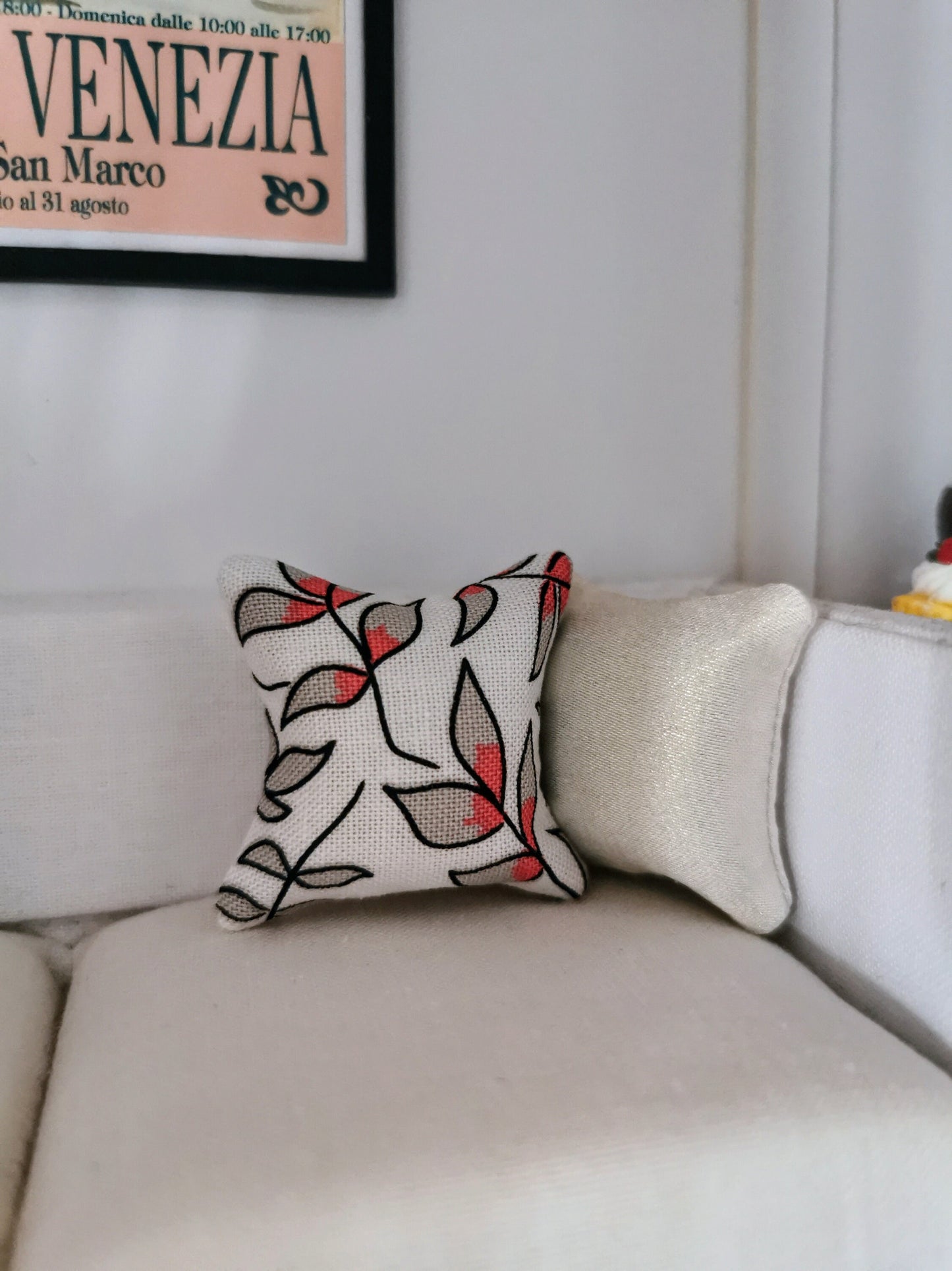 White/Grey/Coral Leaf Print Cushion | 1:12th Scale | Handmade - ZJ Miniatures