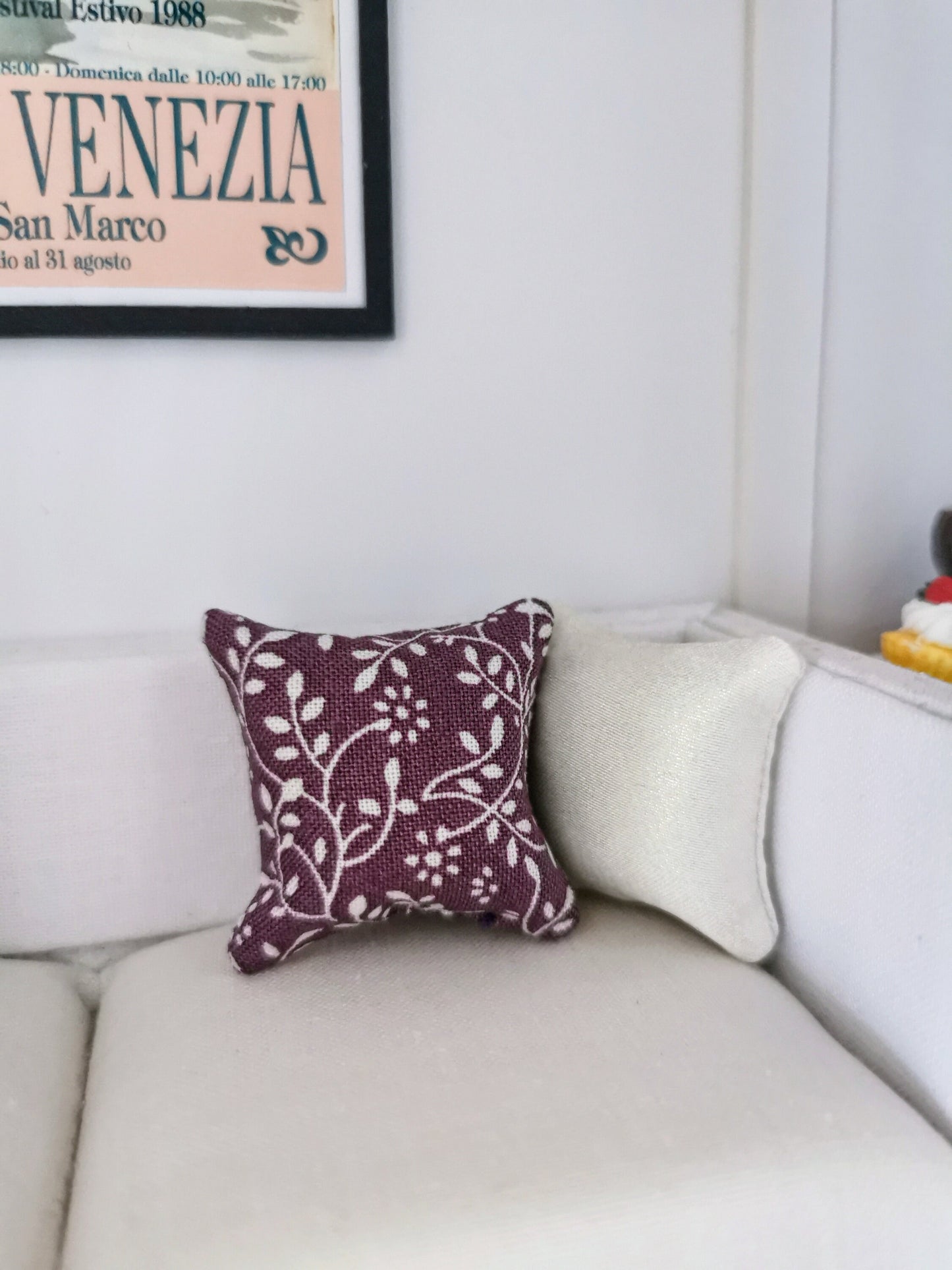 Purple/White Vine Print Cushion | 1:12th Scale | Handmade - ZJ Miniatures