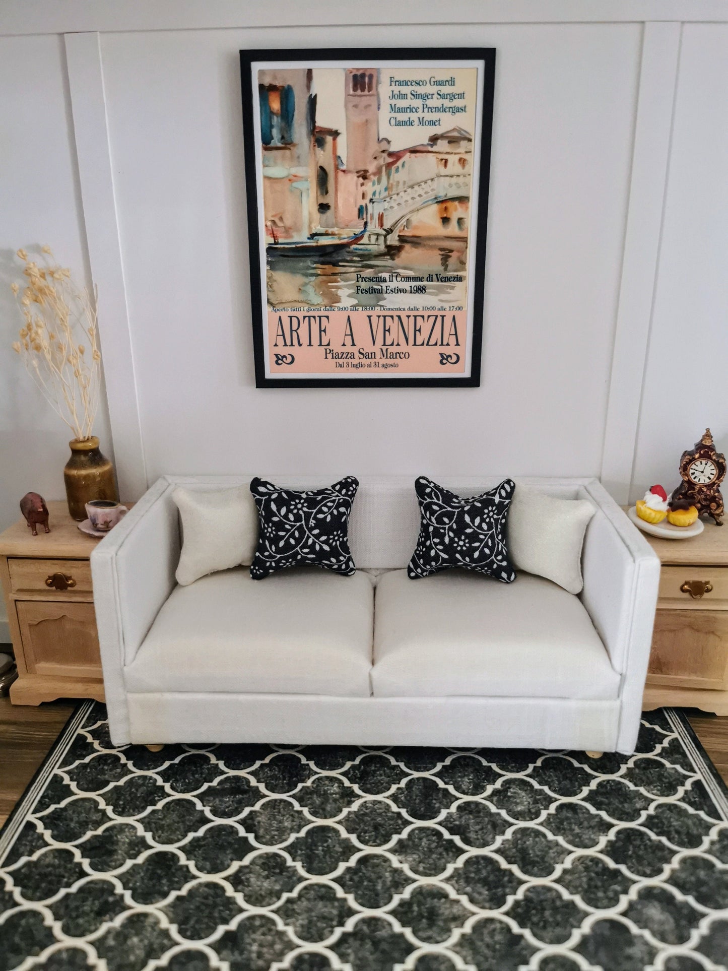 Dark Grey/White Vine Print Cushion | 1:12th Scale | Handmade - ZJ Miniatures