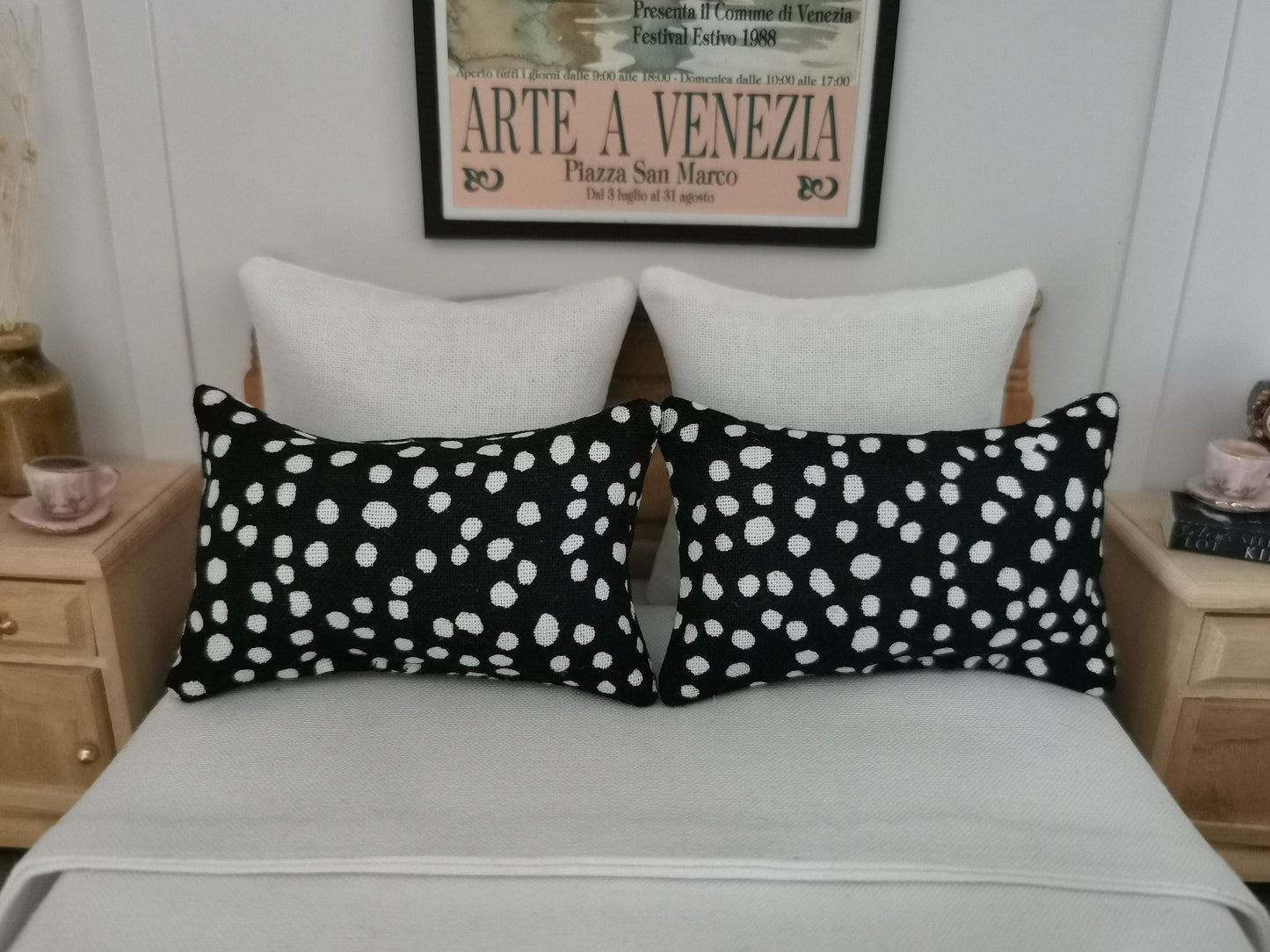 Black/White Spot Print Pillows | Set of 2 | 1:12th Scale | Handmade - ZJ Miniatures
