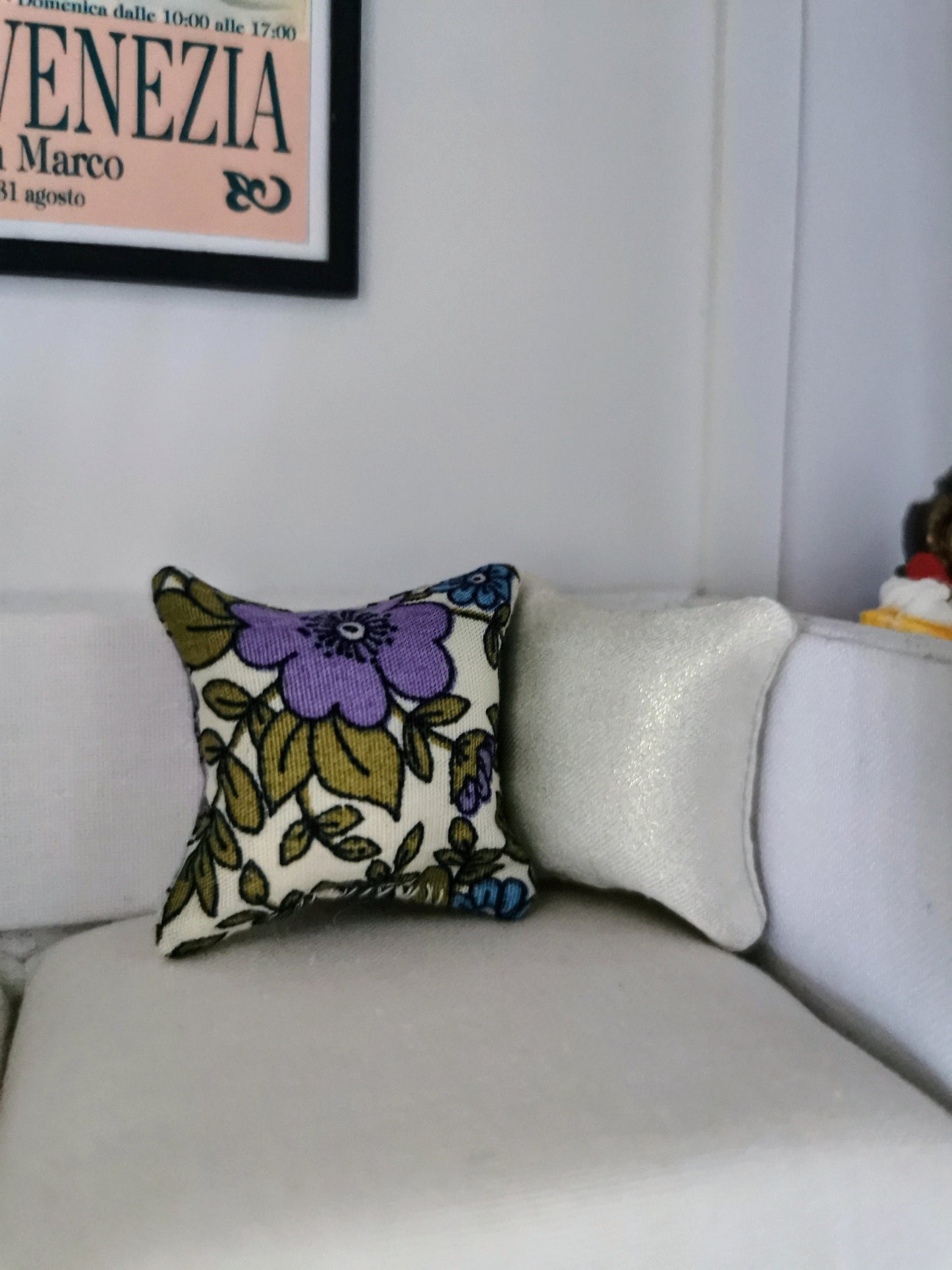 Cream/Purple/Blue Floral Print Cushion | 1:12th Scale | Handmade - ZJ Miniatures
