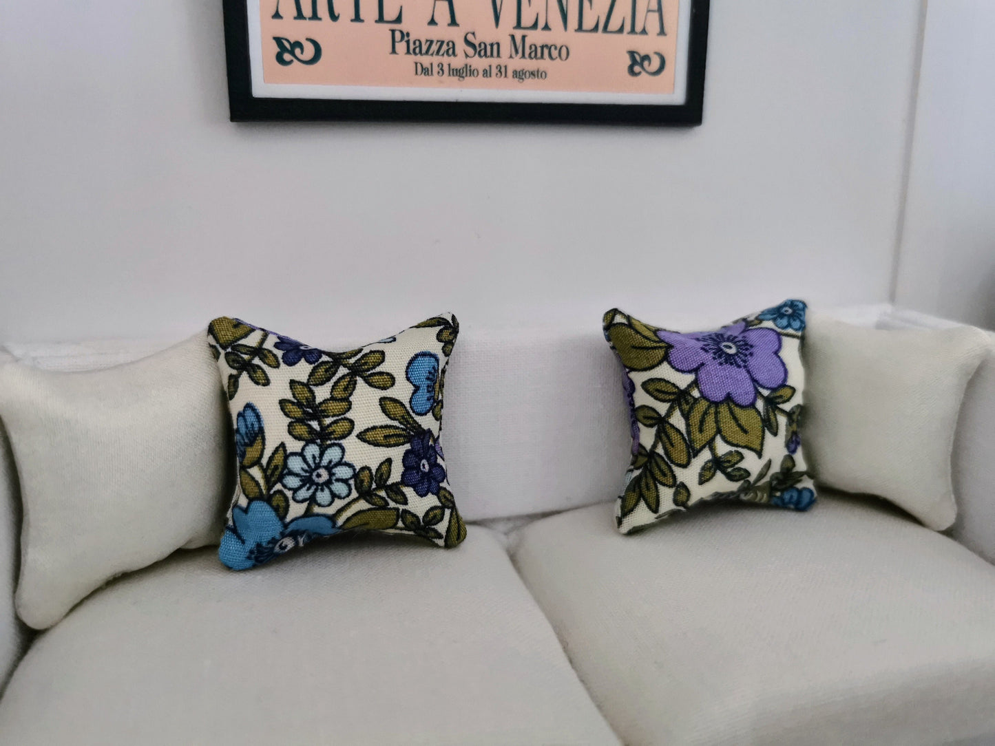 Cream/Purple/Blue Floral Print Cushion | 1:12th Scale | Handmade - ZJ Miniatures