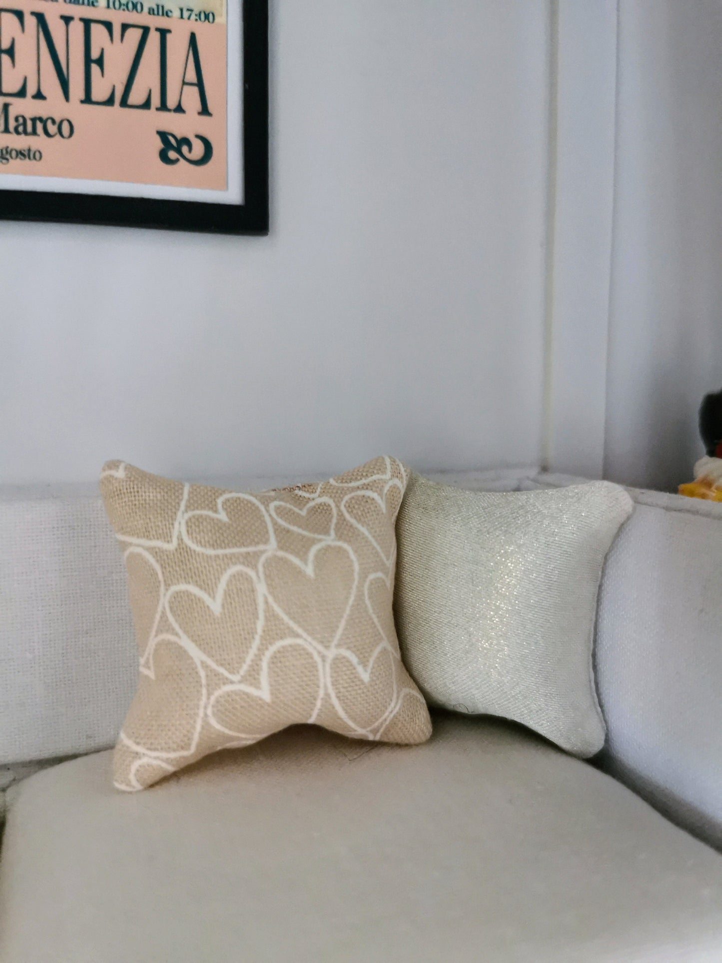 Champagne/White Heart Print Cushion | 1:12th Scale | Handmade - ZJ Miniatures