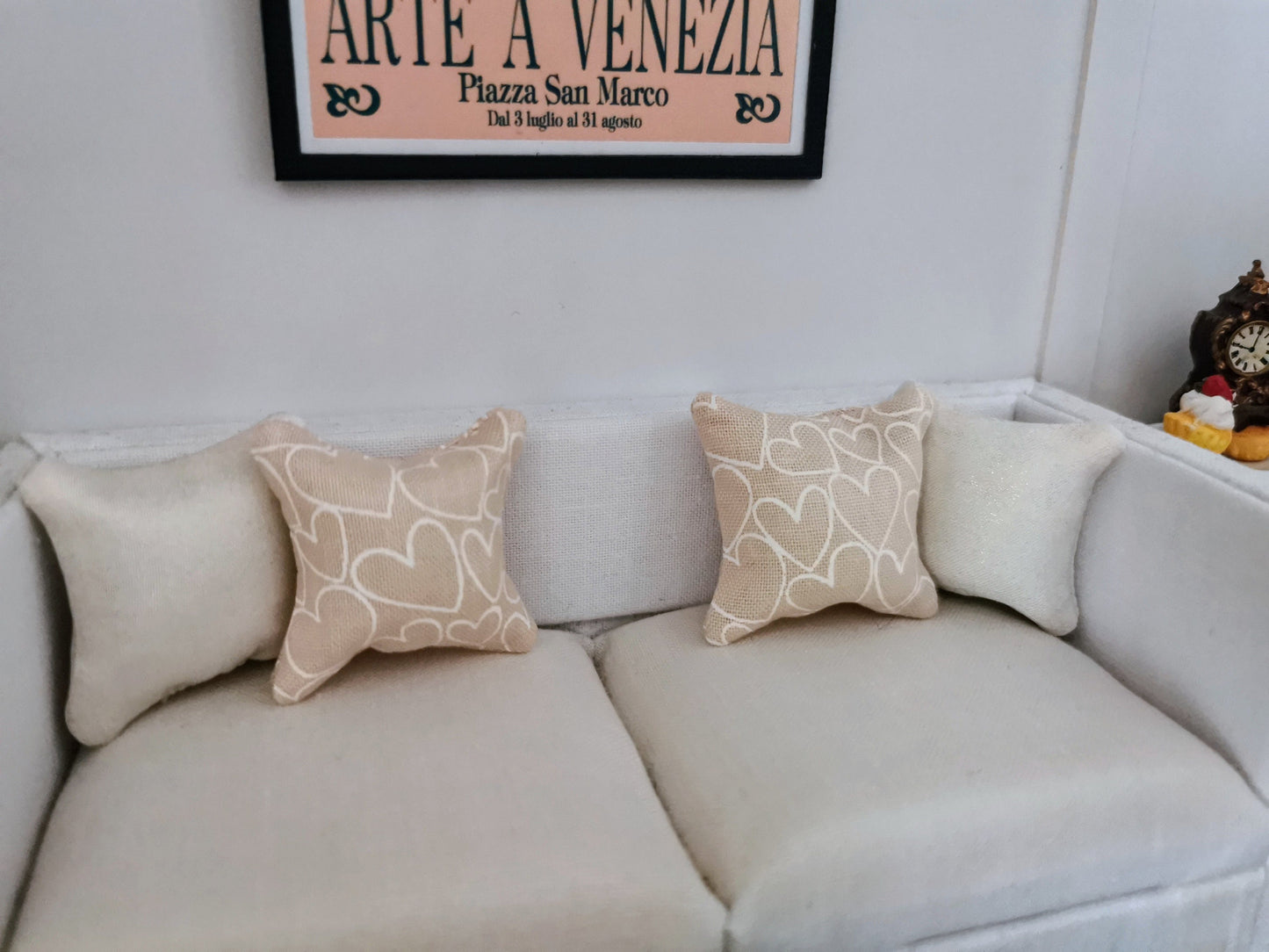 Champagne/White Heart Print Cushion | 1:12th Scale | Handmade - ZJ Miniatures