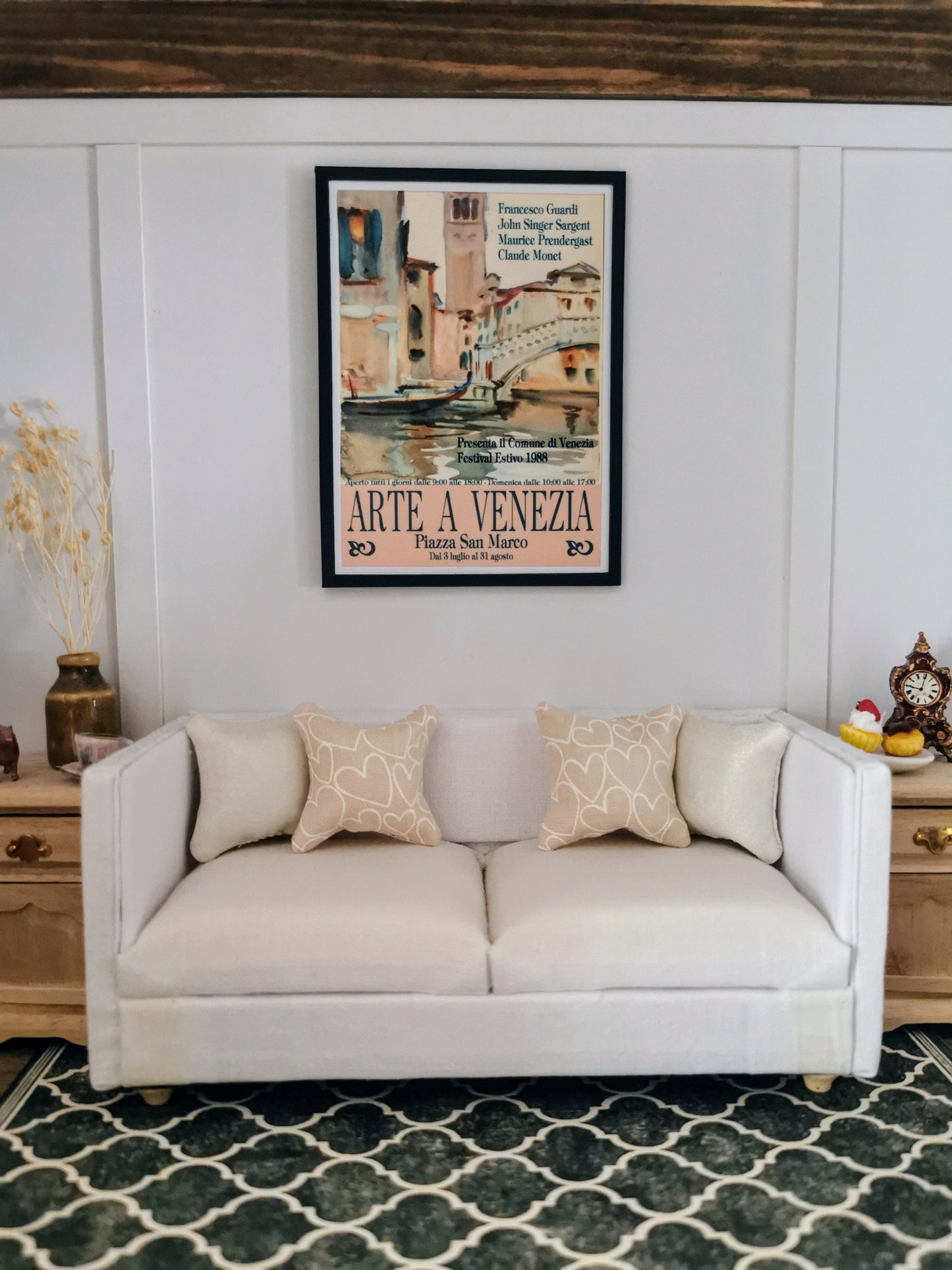 Champagne/White Heart Print Cushion | 1:12th Scale | Handmade - ZJ Miniatures