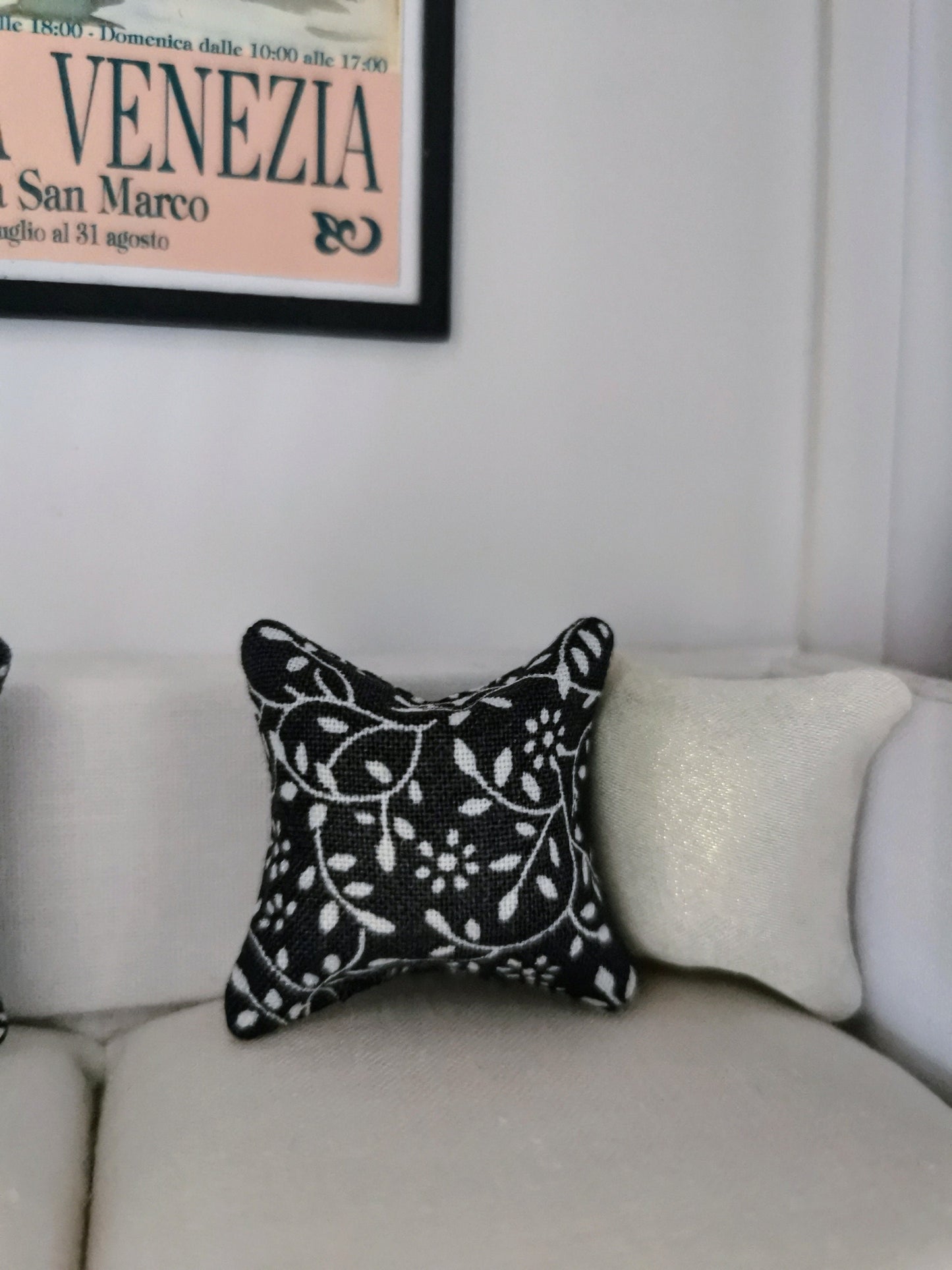 Dark Grey/White Vine Print Cushion | 1:12th Scale | Handmade - ZJ Miniatures