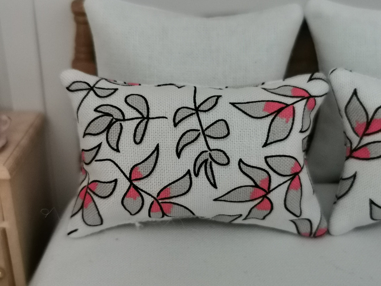 White/Grey/Coral Leaf Print | Set of 2 | 1:12th Scale | Handmade - ZJ Miniatures