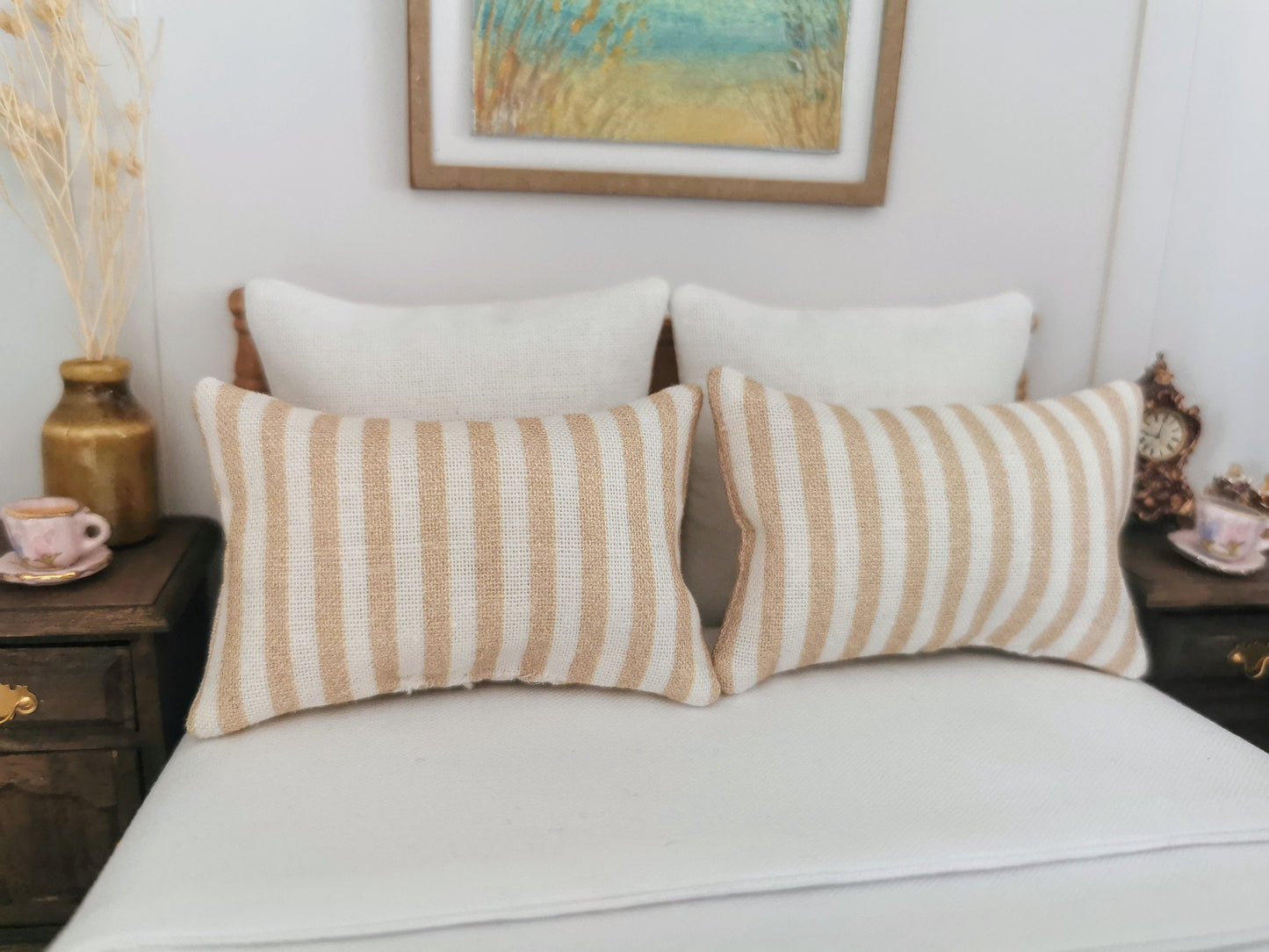 Beige/White Stripe Print Pillows | Set of 2 | 1:12th Scale | Handmade - ZJ Miniatures