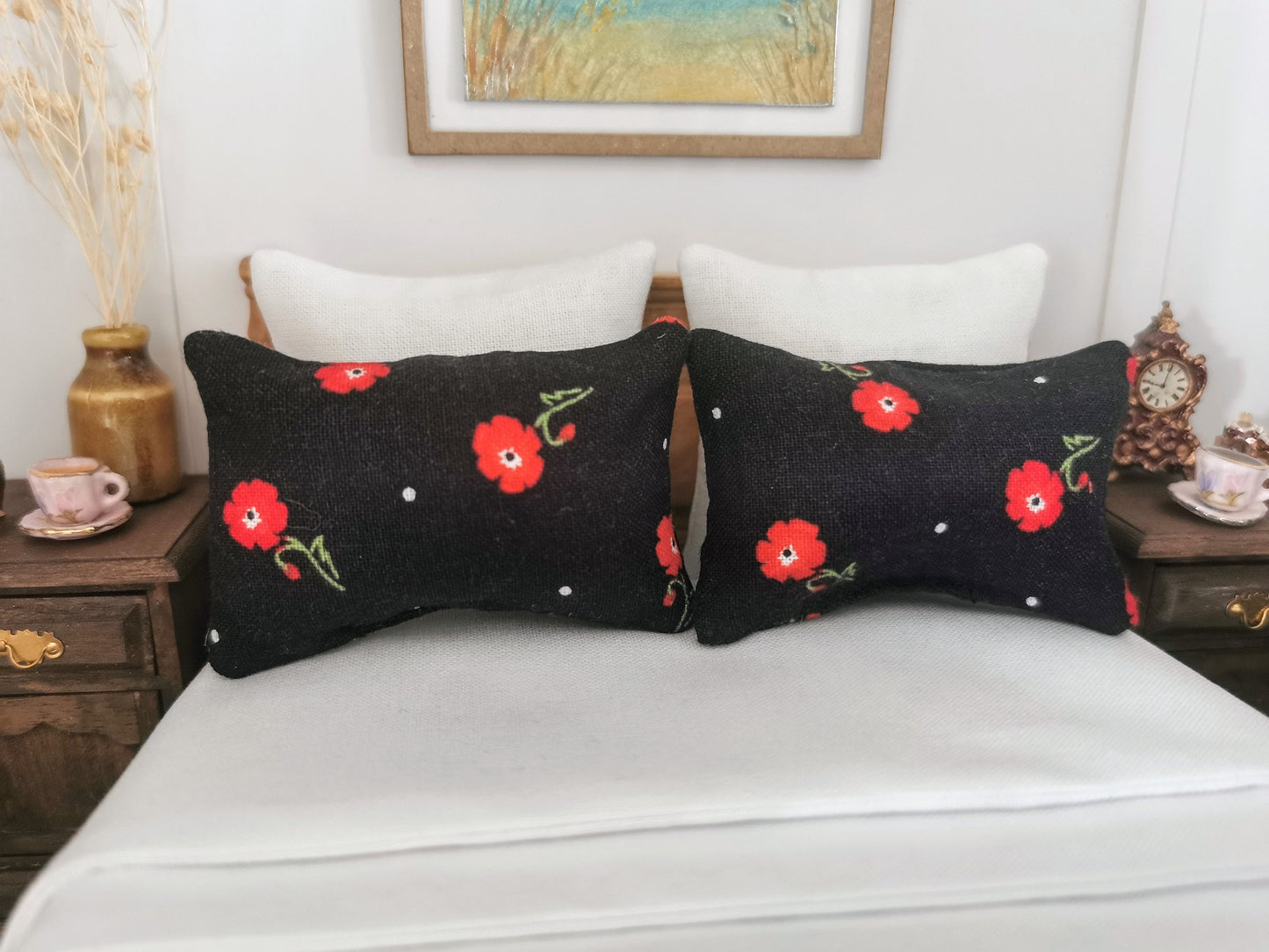 Black/Red Floral Print Pillows | Set of 2 | 1:12th Scale | Handmade - ZJ Miniatures