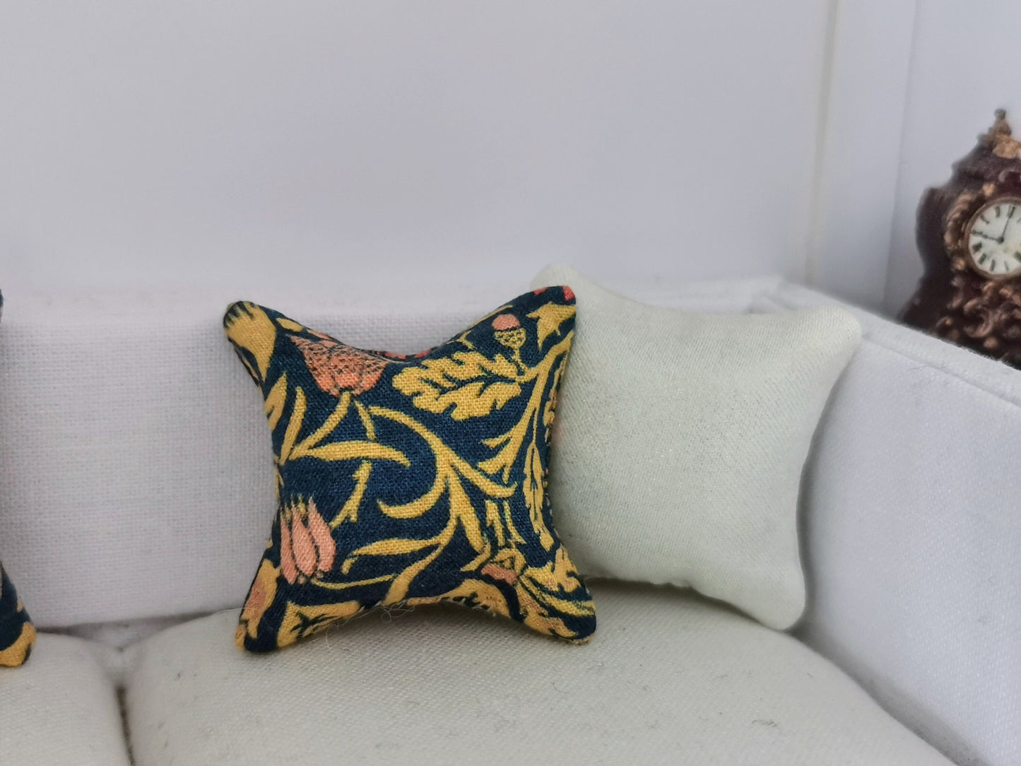 Blue/Mustard William Morris Floral Print Cushion | 1:12th Scale | Handmade - ZJ Miniatures
