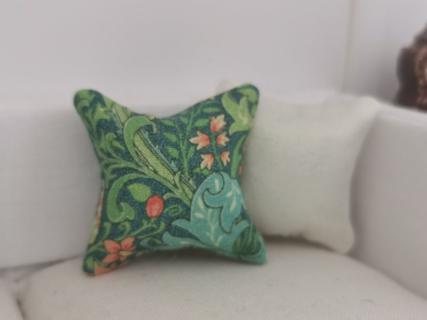 Green William Morris Floral Print Cushion | 1:12th Scale | Handmade - ZJ Miniatures