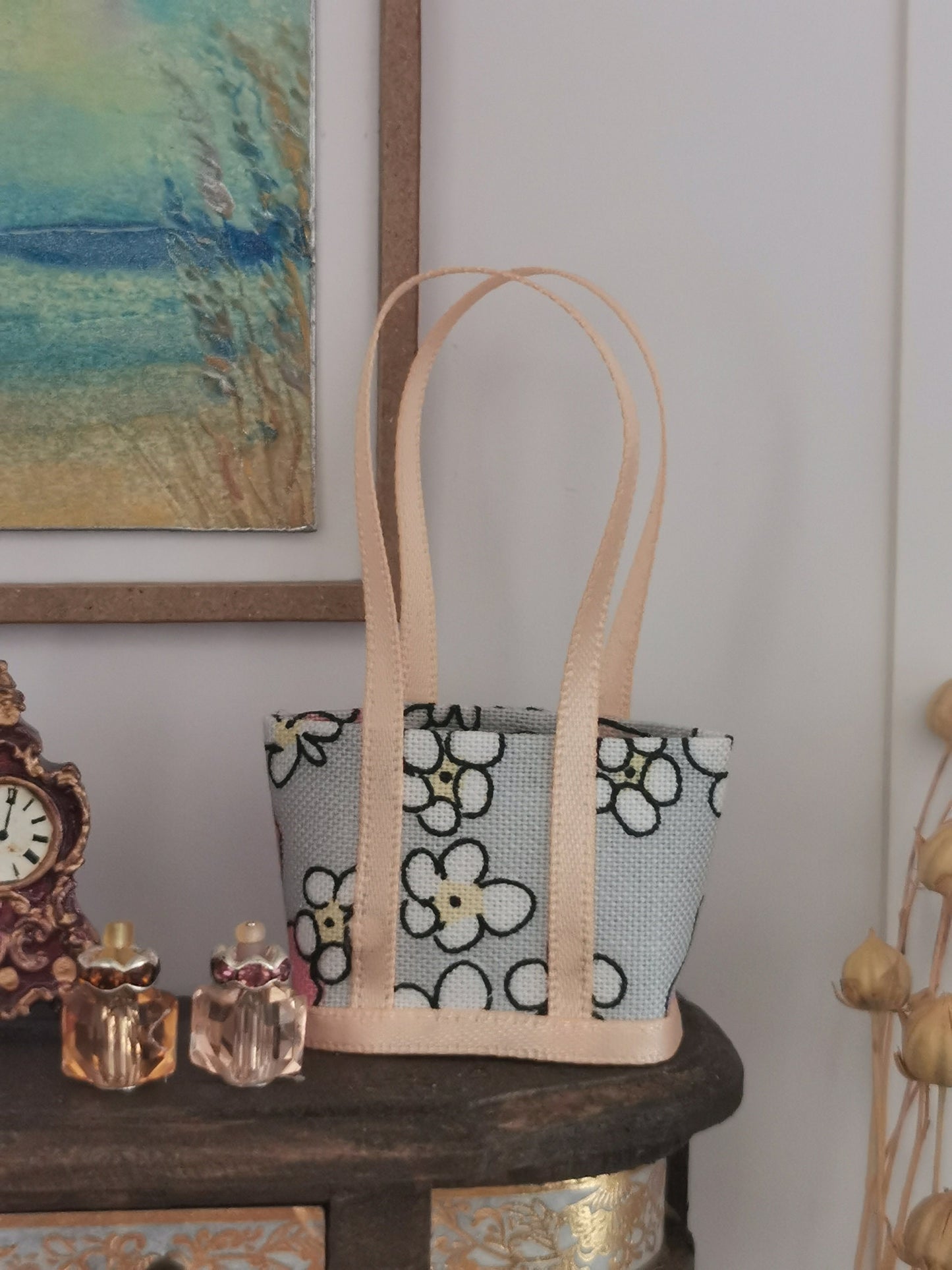 Coral/Grey/Lavender Floral Fabric Tote Bag | 1:12th Scale | Handmade - ZJ Miniatures