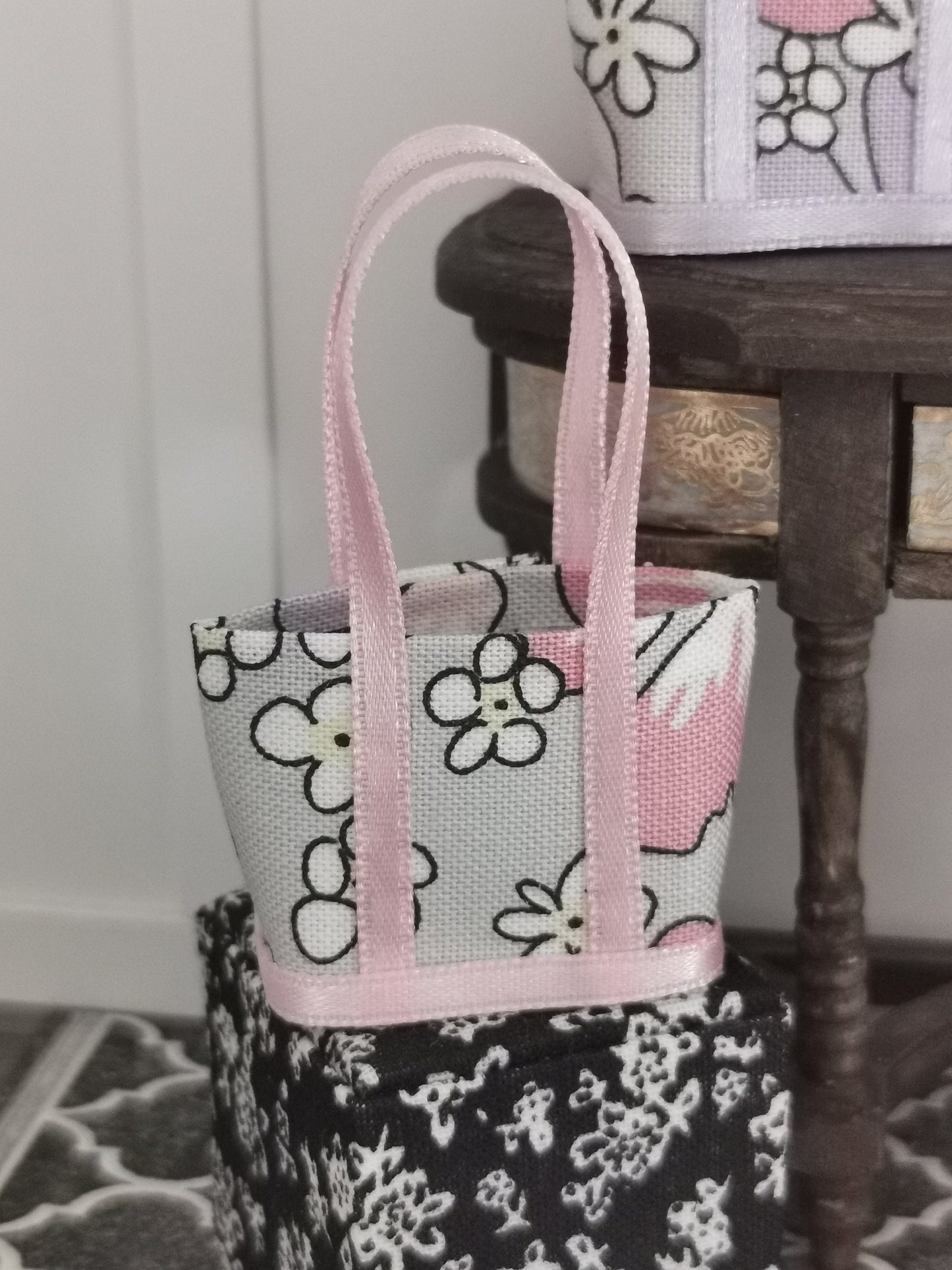Coral/Grey/Lavender Floral Fabric Tote Bag | 1:12th Scale | Handmade - ZJ Miniatures