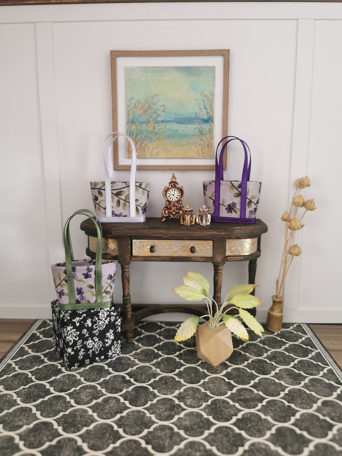 Purple Floral Fabric Tote Bag | 1:12th Scale | Handmade - ZJ Miniatures