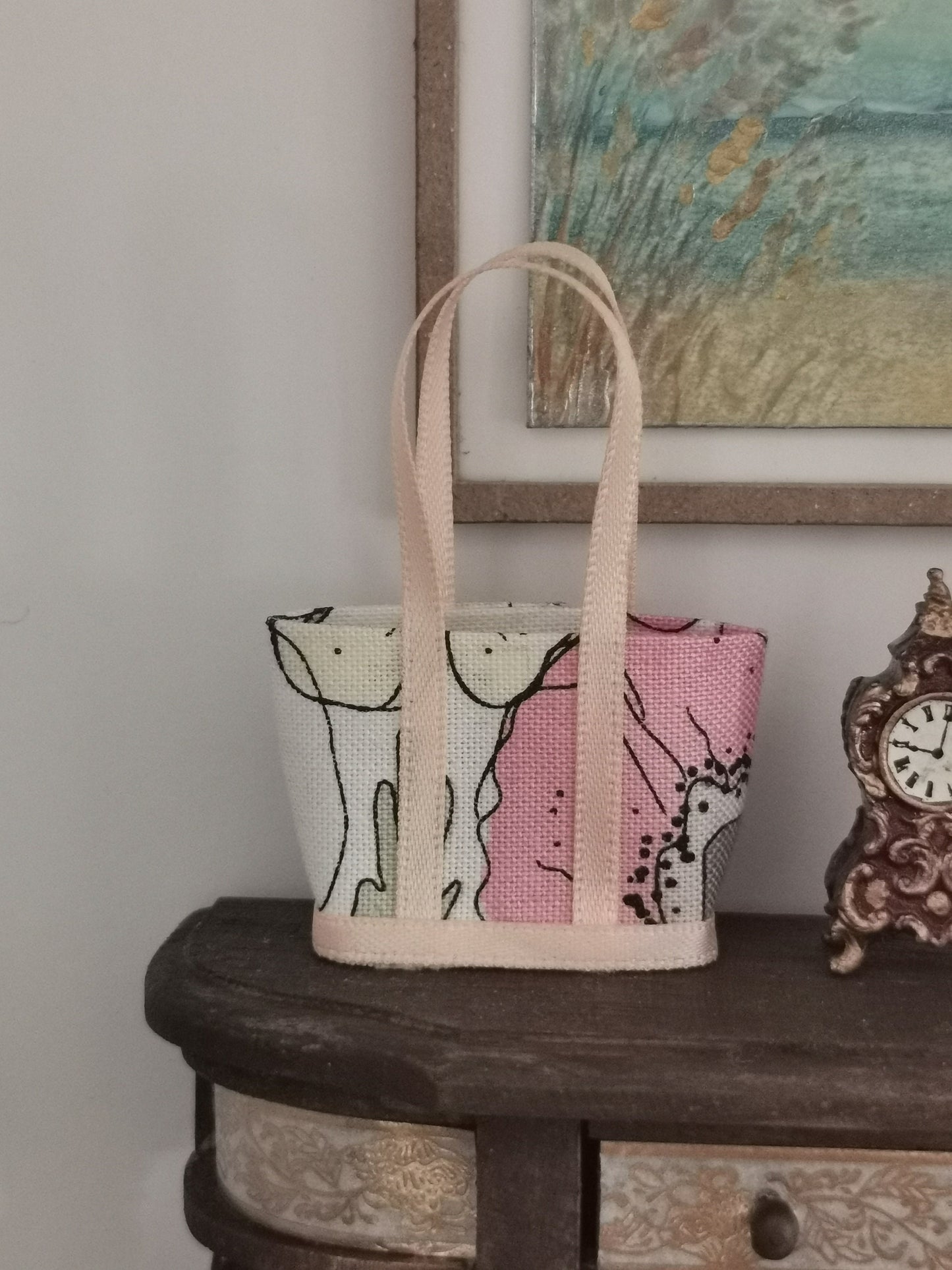 White/Yellow/Pink Floral Fabric Tote Bag | 1:12th Scale | Handmade - ZJ Miniatures