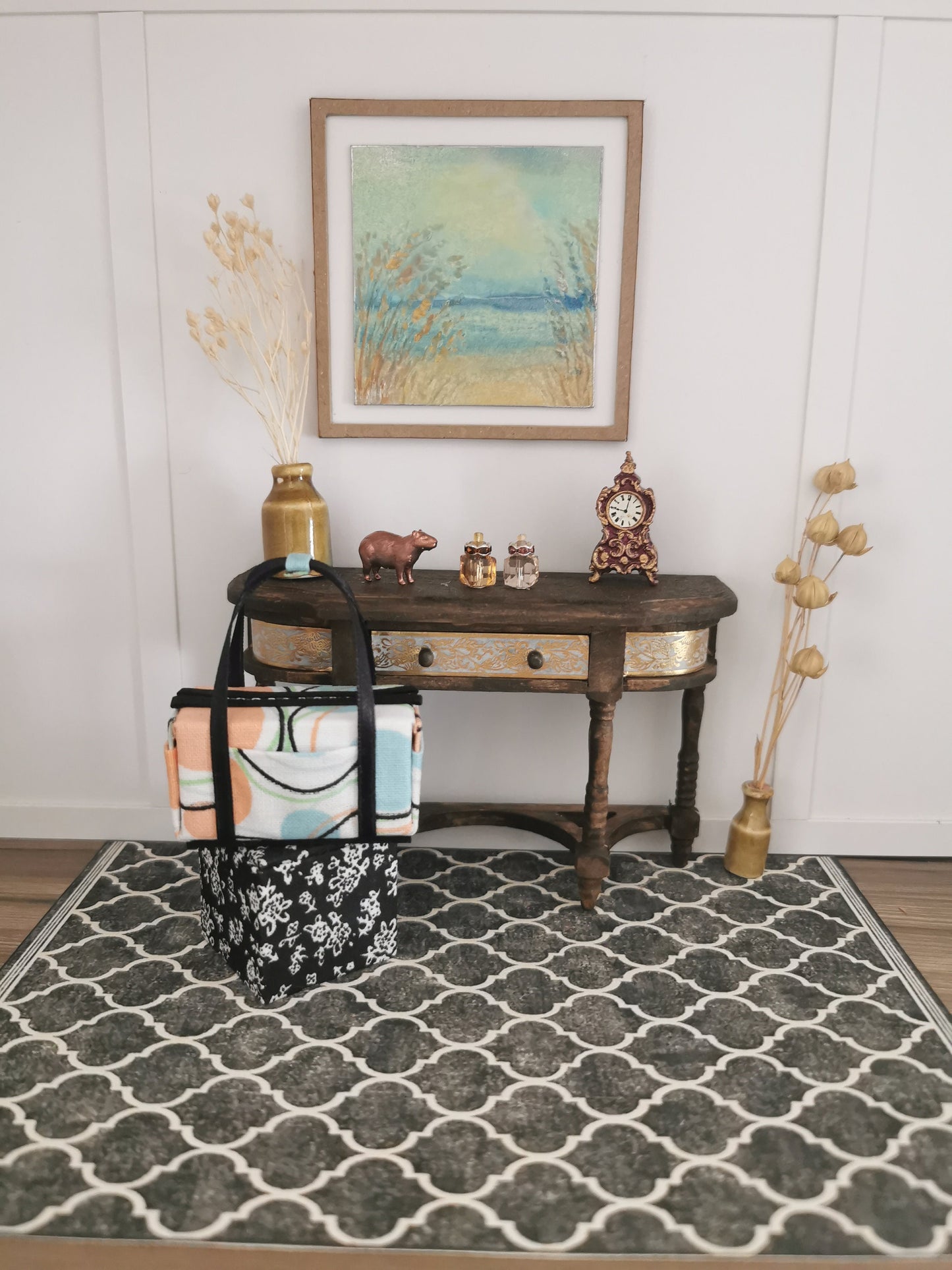 Aqua/White/Orange Retro Fabric Overnight Bag | 1:12th Scale | Handmade - ZJ Miniatures