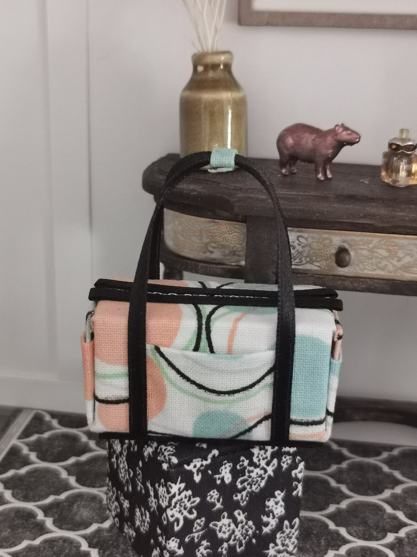 Aqua/White/Orange Retro Fabric Overnight Bag | 1:12th Scale | Handmade - ZJ Miniatures