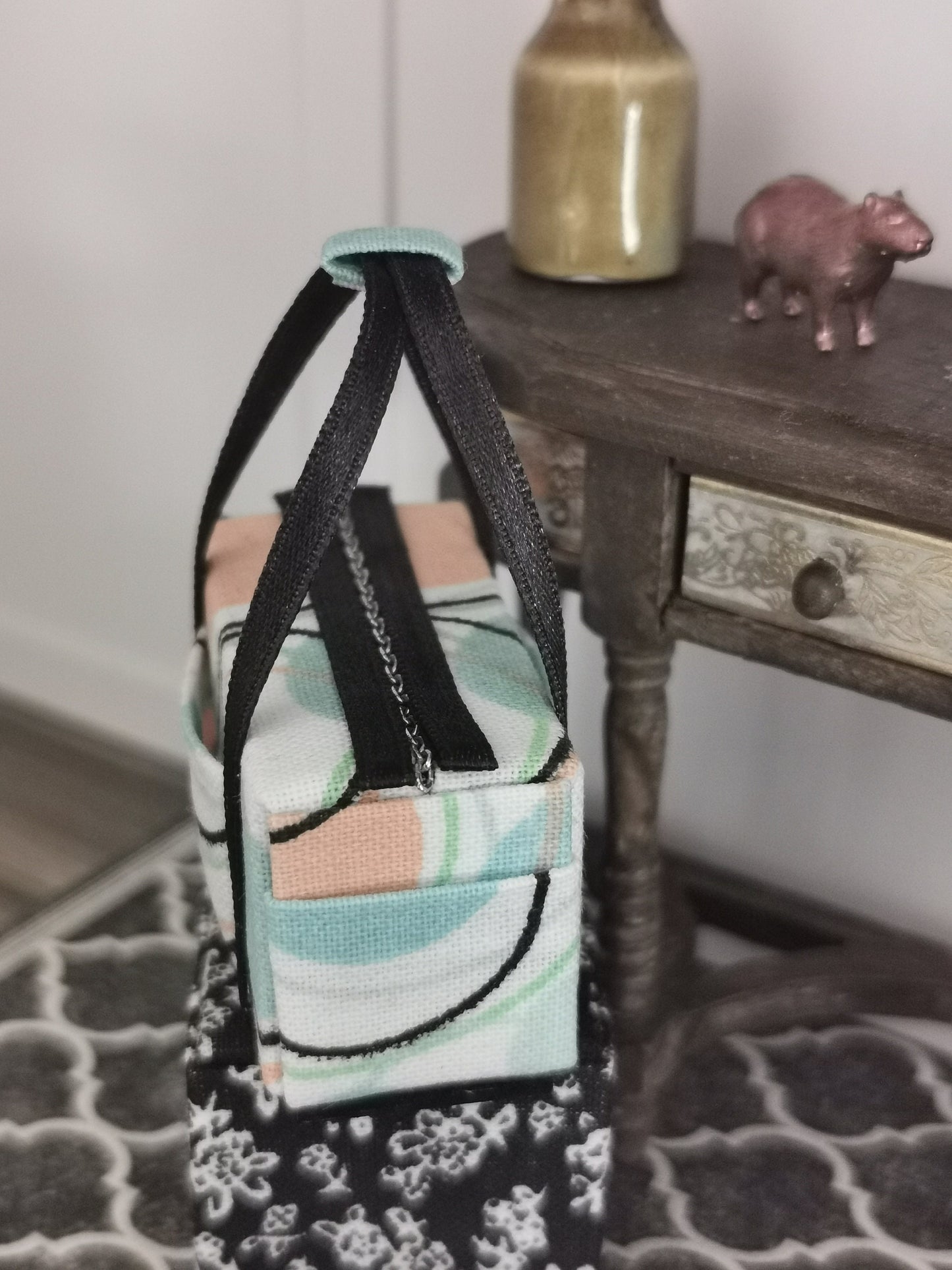Aqua/White/Orange Retro Fabric Overnight Bag | 1:12th Scale | Handmade - ZJ Miniatures
