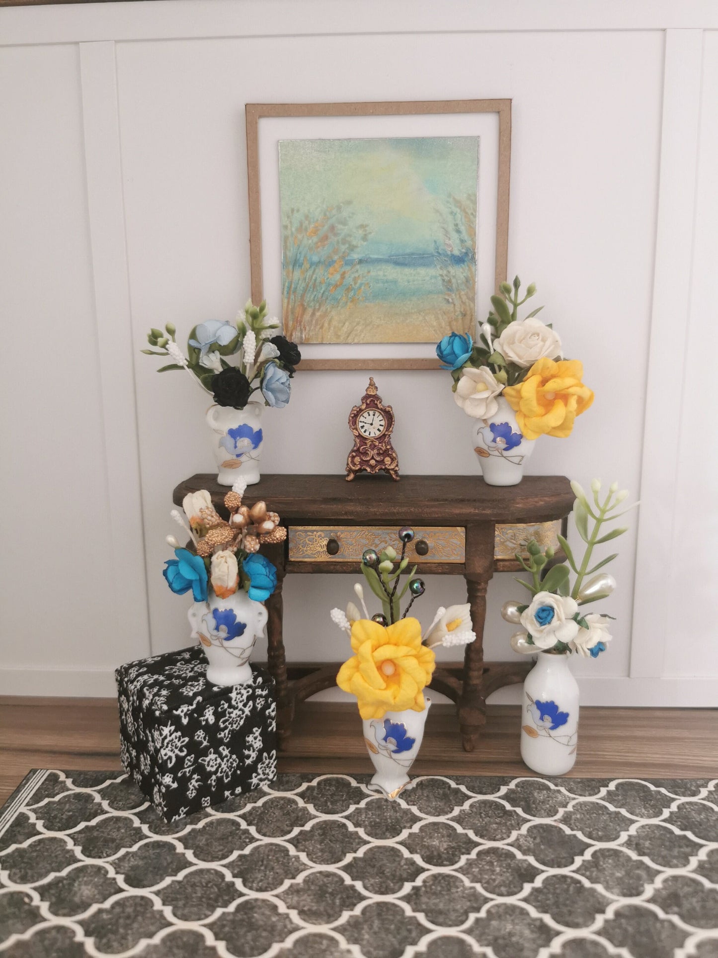 White/Blue/Gold Flower Vase | 1:12th Scale | Handmade - ZJ Miniatures