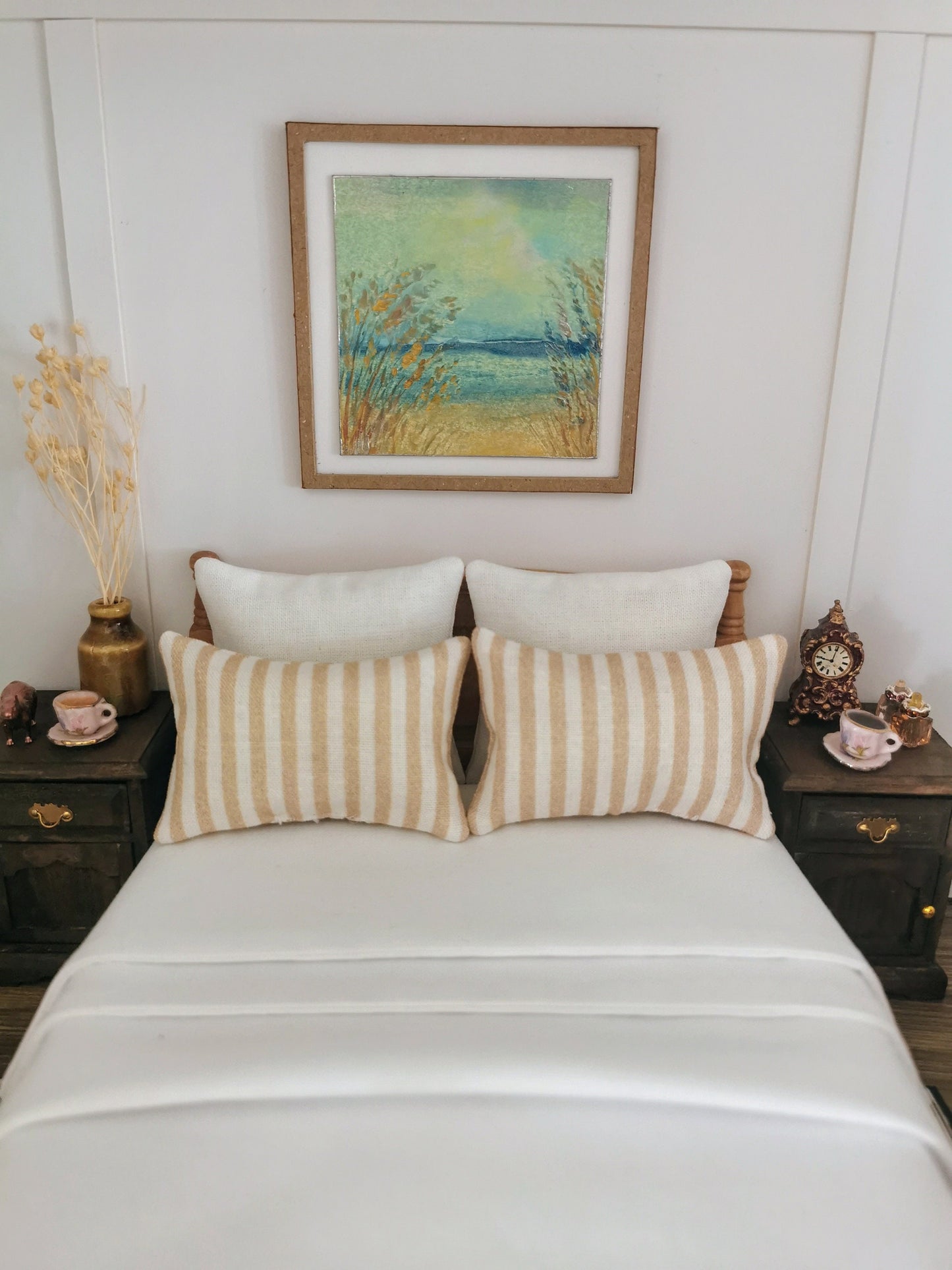 Beige/White Stripe Print Pillows | Set of 2 | 1:12th Scale | Handmade - ZJ Miniatures