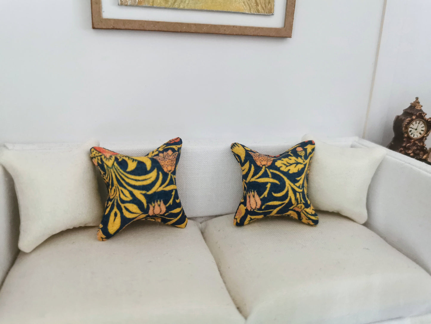 Blue/Mustard William Morris Floral Print Cushion | 1:12th Scale | Handmade - ZJ Miniatures