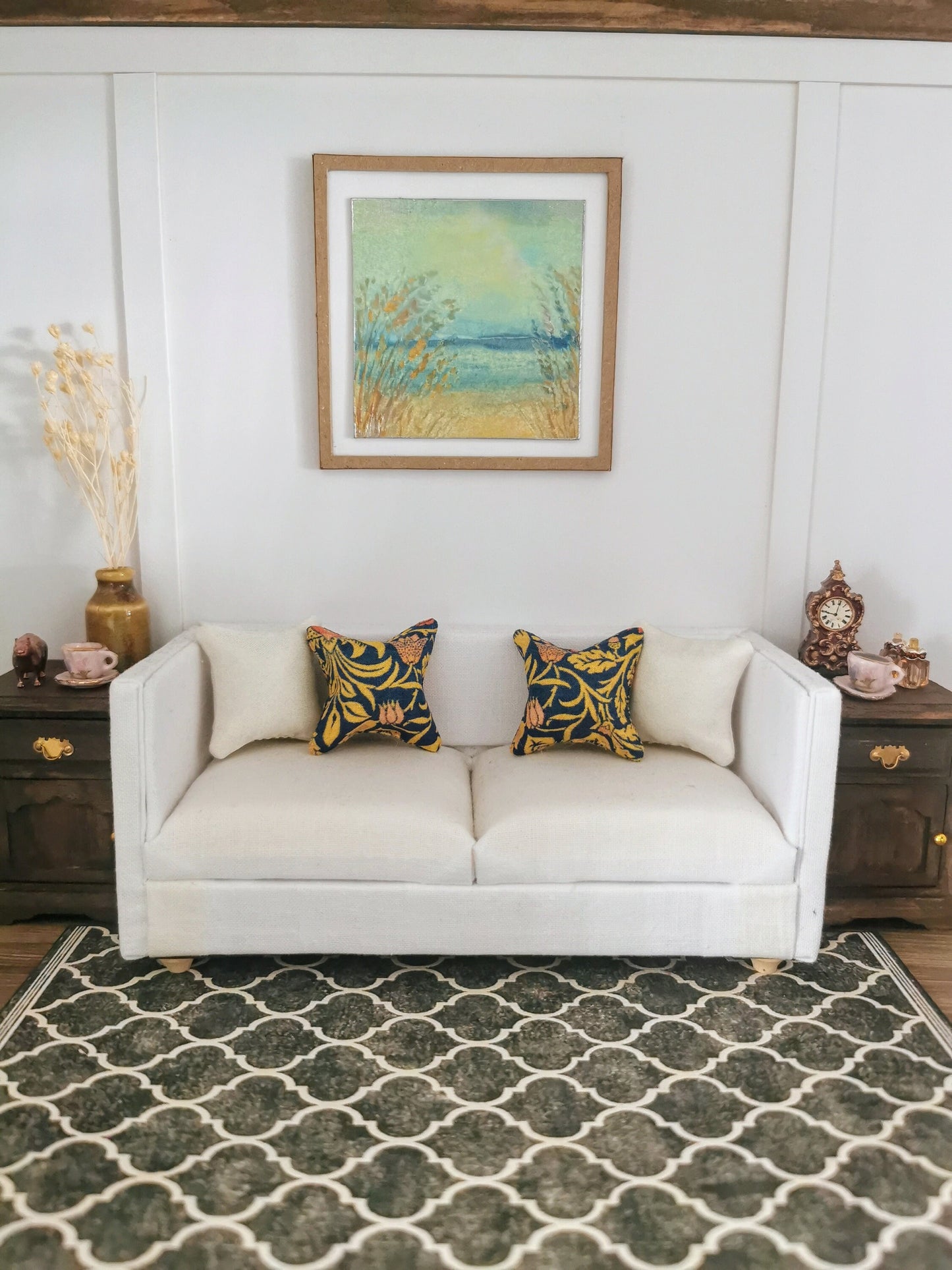 Blue/Mustard William Morris Floral Print Cushion | 1:12th Scale | Handmade - ZJ Miniatures